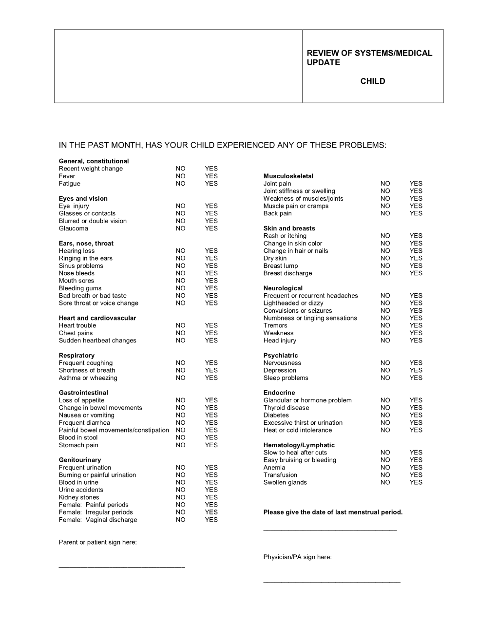 Review of Systems/Medical and Family History Update