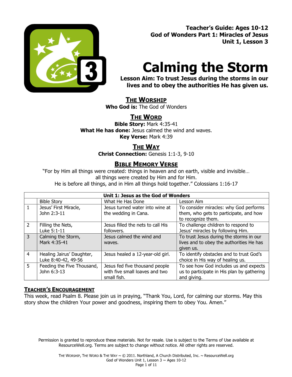 Calming the Storm Lesson Aim: to Trust Jesus During the Storms in Our Lives and to Obey the Authorities He Has Given Us