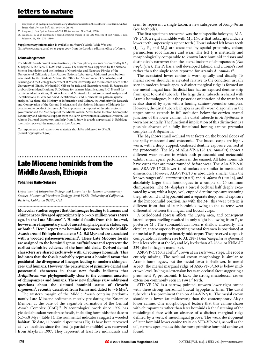 Late Miocene Hominids from the Middle Awash, Ethiopia