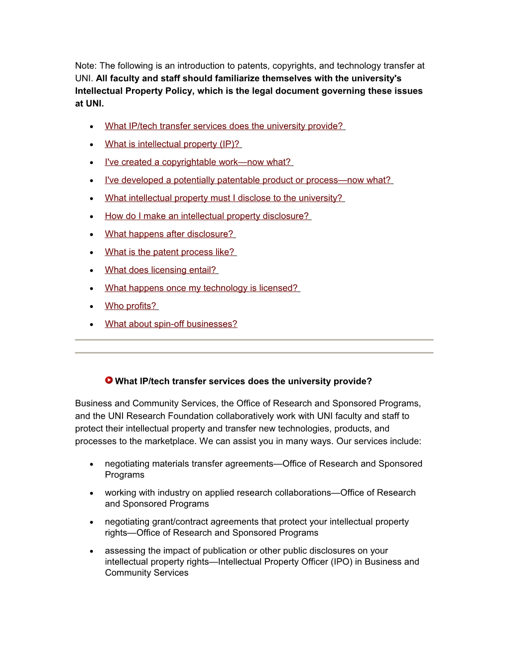 Note: the Following Is an Introduction to Patents, Copyrights, and Technology Transfer at UNI