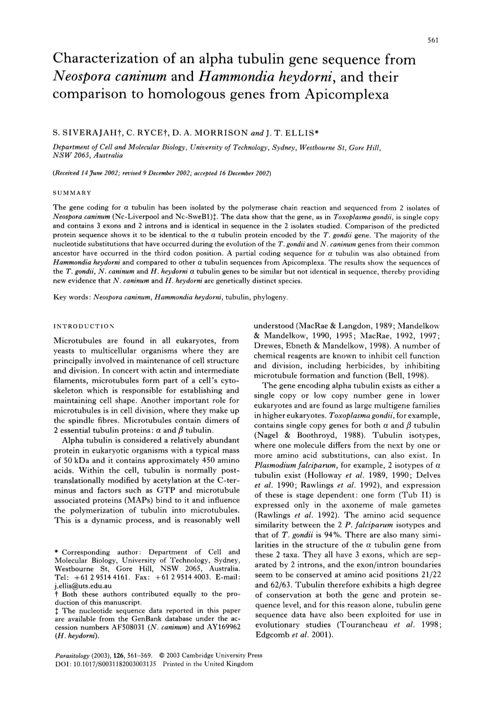 Characterization of an Alpha Tubulin Gene Sequence from Neospora Caninum and Hammondia Heydorni, and Their Comparison to Homologous Genes from Apicomplexa