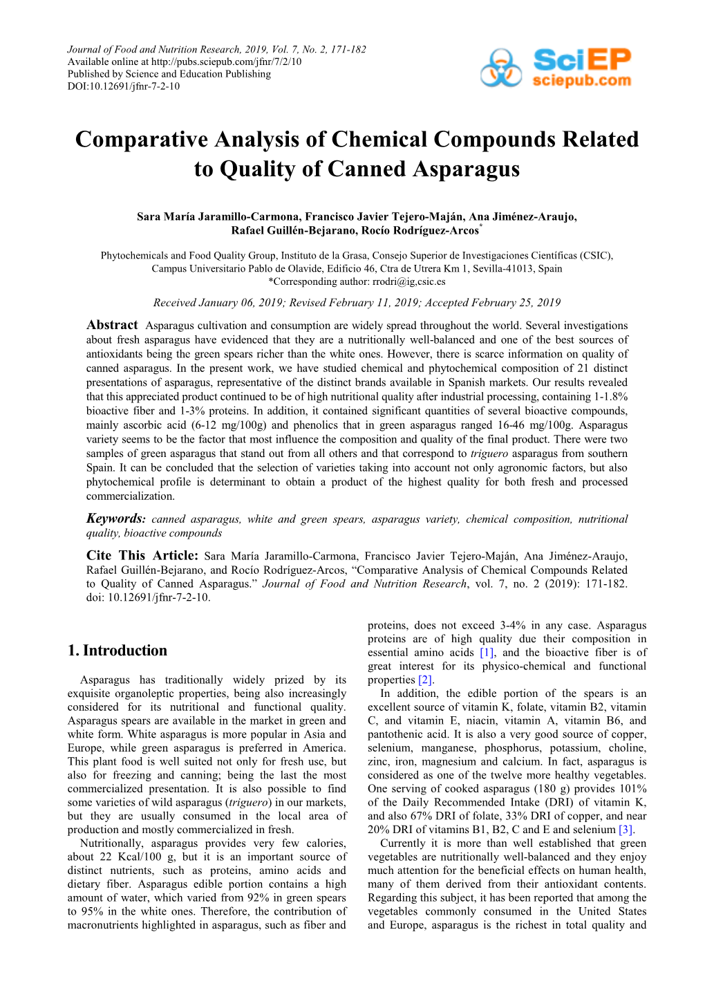 Comparative Analysis of Chemical Compounds Related to Quality of Canned Asparagus