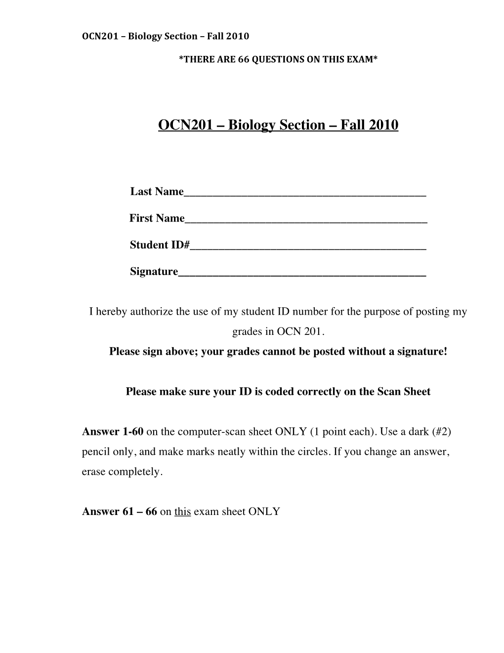 OCN201 – Biology Section – Fall 2010