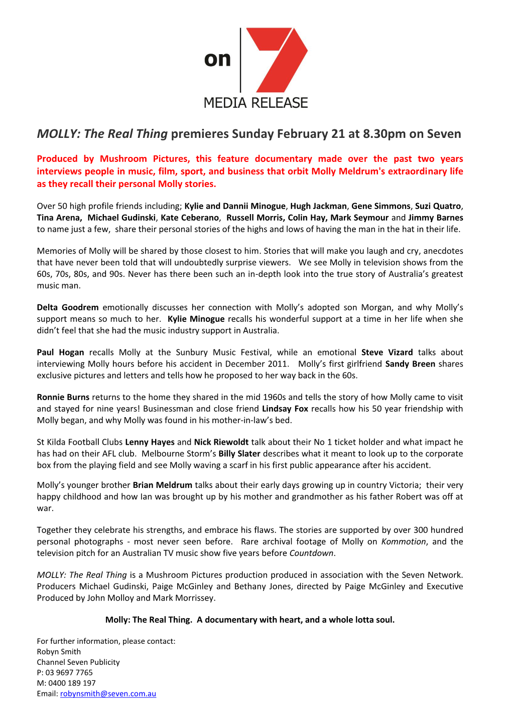 Media Release MOLLY the Real Thing