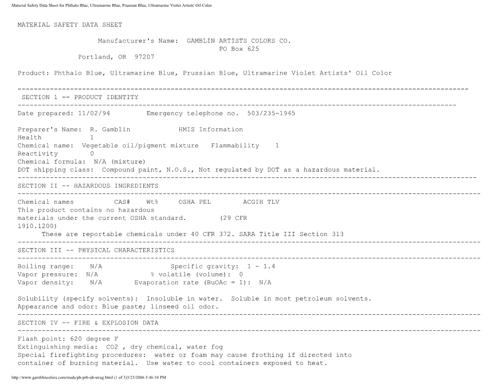 Material Safety Data Sheet for Phthalo Blue, Ultramarine Blue, Prussian Blue, Ultramarine Violet Artists' Oil Color