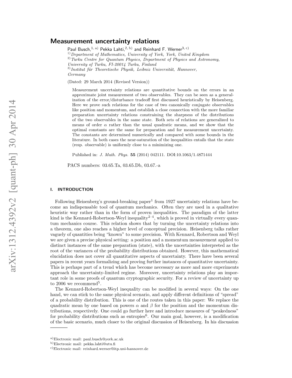 Arxiv:1312.4392V2 [Quant-Ph] 30 Apr 2014 Approach the Uncertainty-Limited Regime