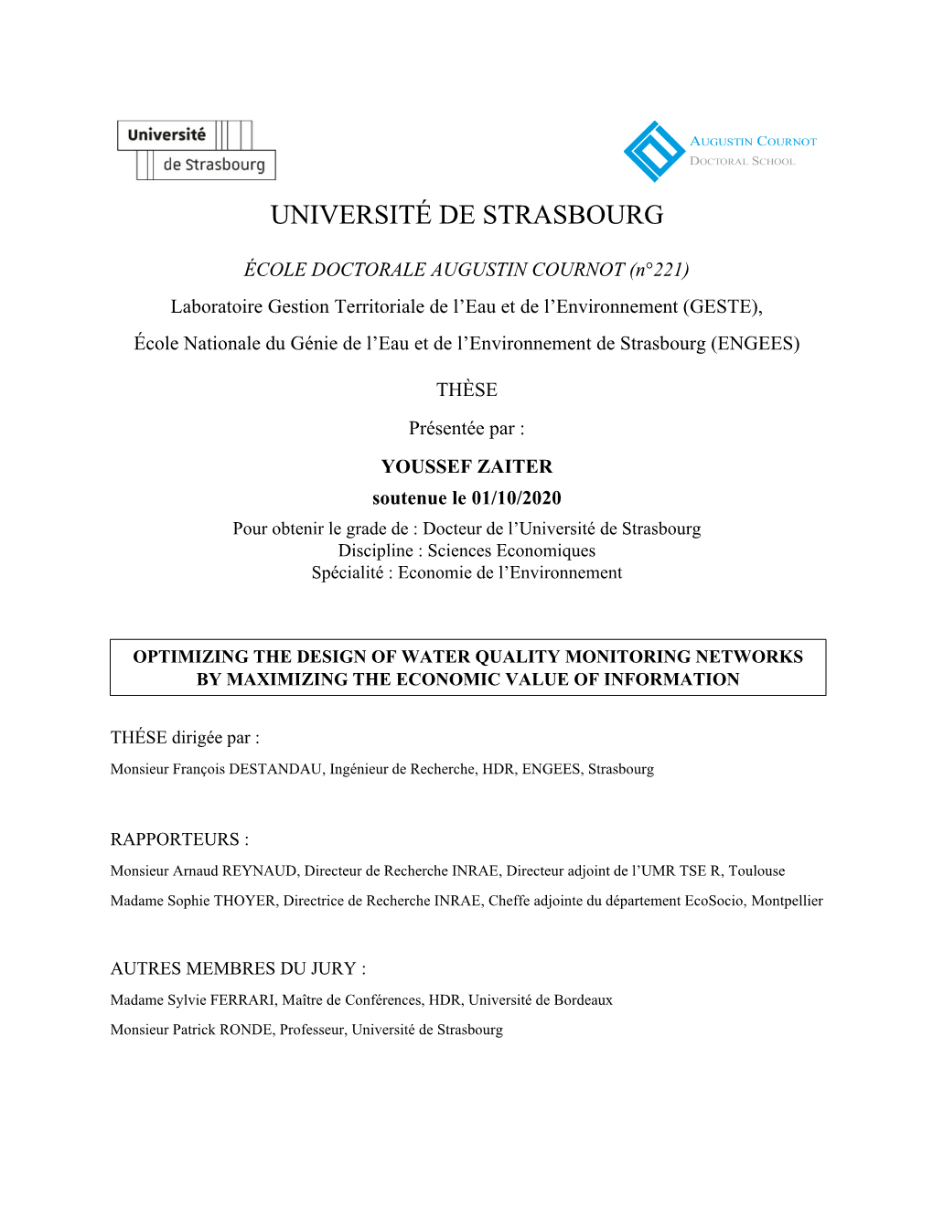 Optimisation Du Design Des Réseaux De Surveillance De La Qualité De L’Eau En Maximisant La Valeur Économique De L’Information