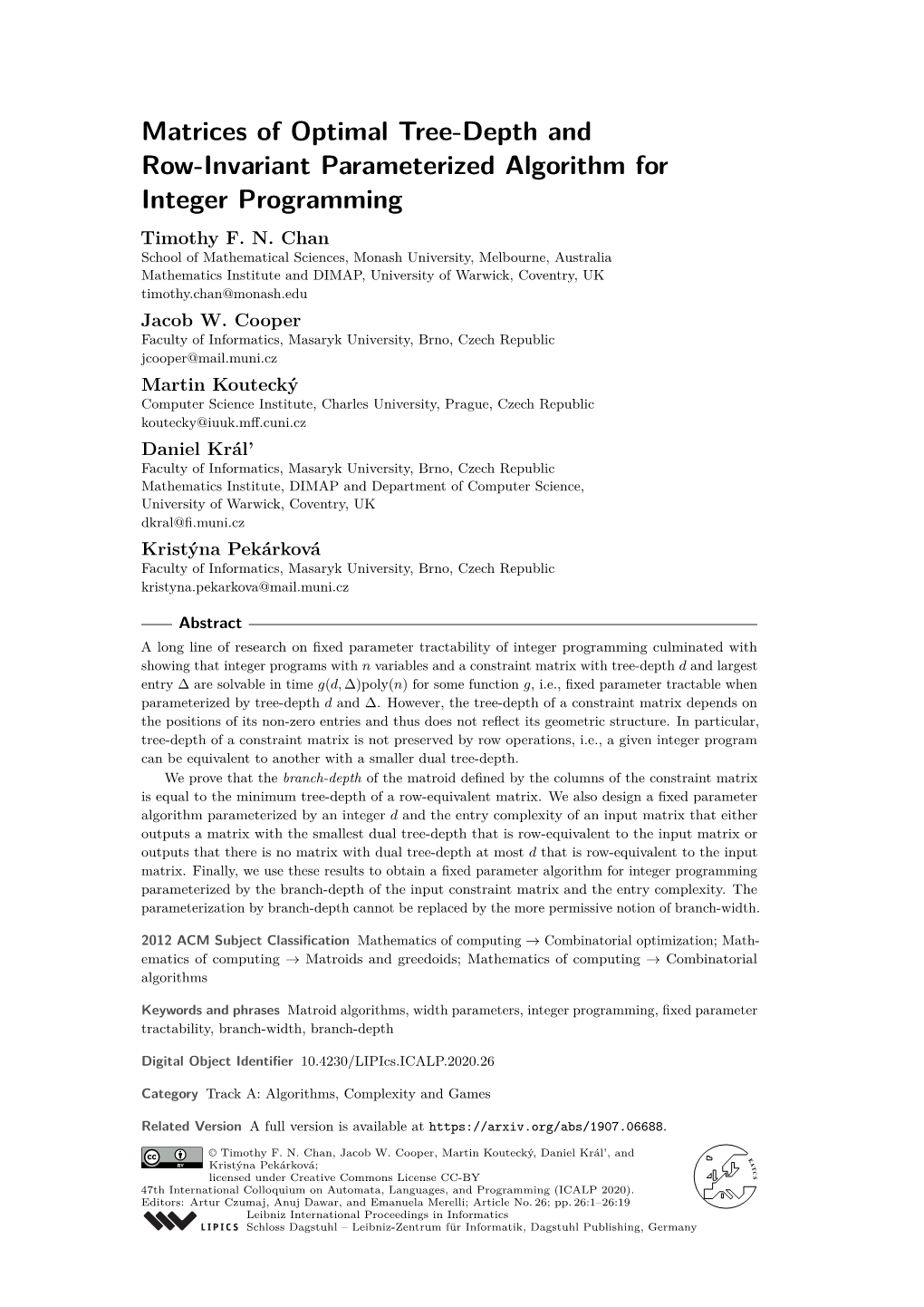 Matrices of Optimal Tree-Depth and Row-Invariant Parameterized Algorithm for Integer Programming Timothy F