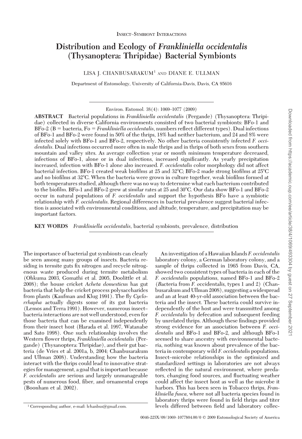 Distribution and Ecology of Frankliniella Occidentalis (Thysanoptera: Thripidae) Bacterial Symbionts