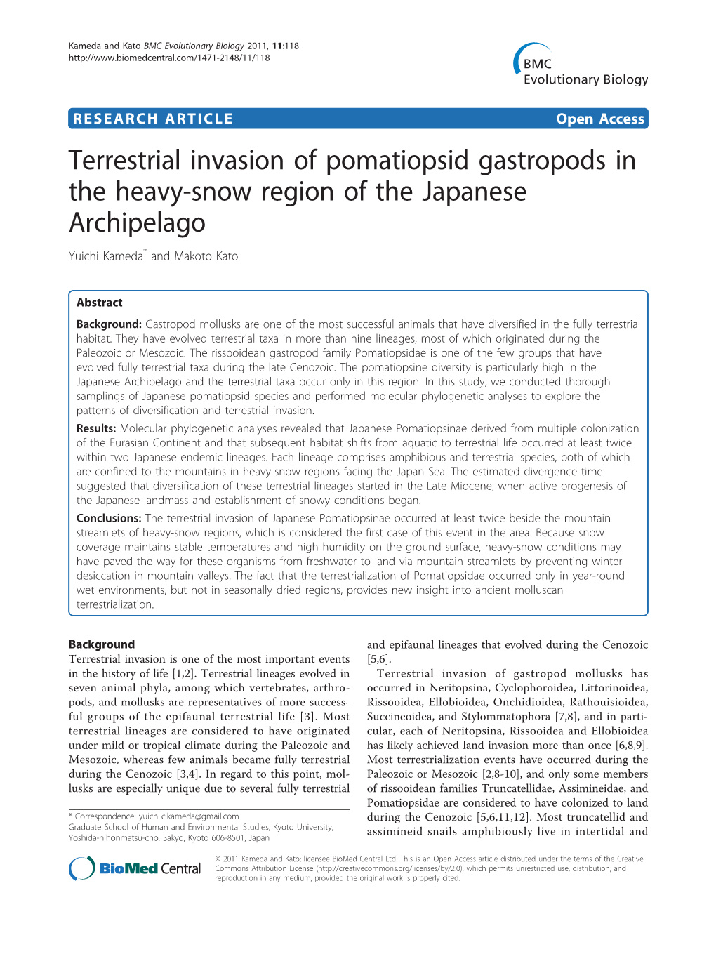 Terrestrial Invasion of Pomatiopsid Gastropods in the Heavy-Snow Region of the Japanese Archipelago Yuichi Kameda* and Makoto Kato