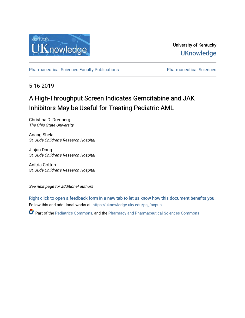 A High-Throughput Screen Indicates Gemcitabine and JAK Inhibitors May Be Useful for Treating Pediatric AML