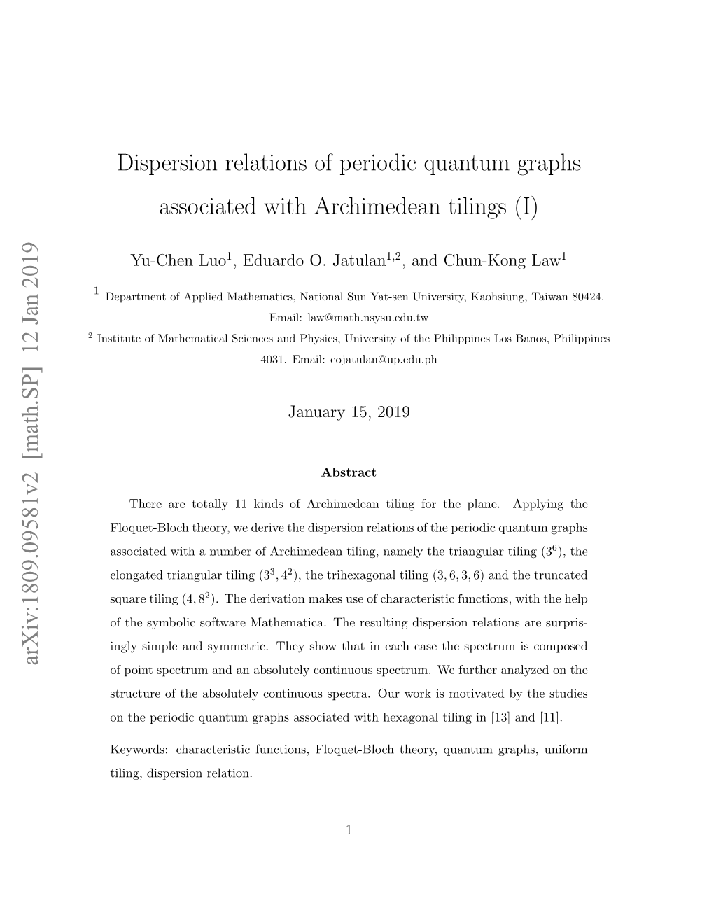 Dispersion Relations of Periodic Quantum Graphs Associated with Archimedean Tilings (I)