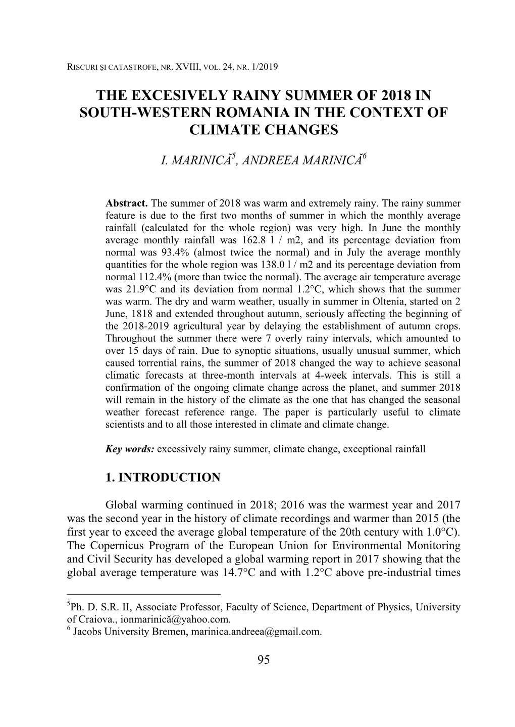 The Excesively Rainy Summer of 2018 in South-Western Romania in the Context of Climate Changes