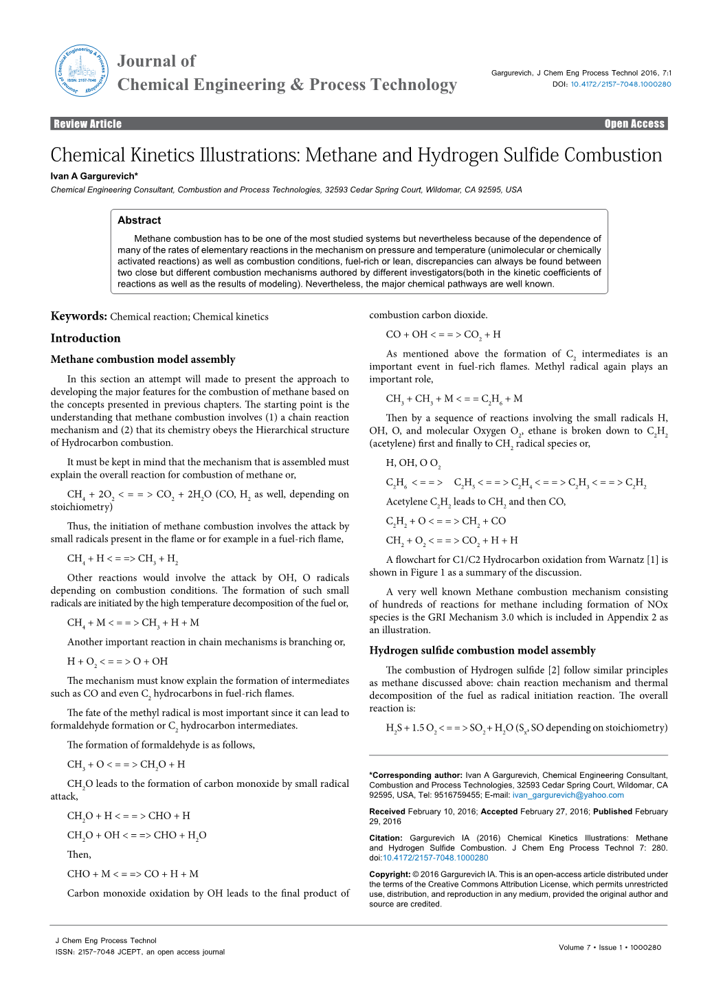 Methane and Hydrogen Sulfide Combustion