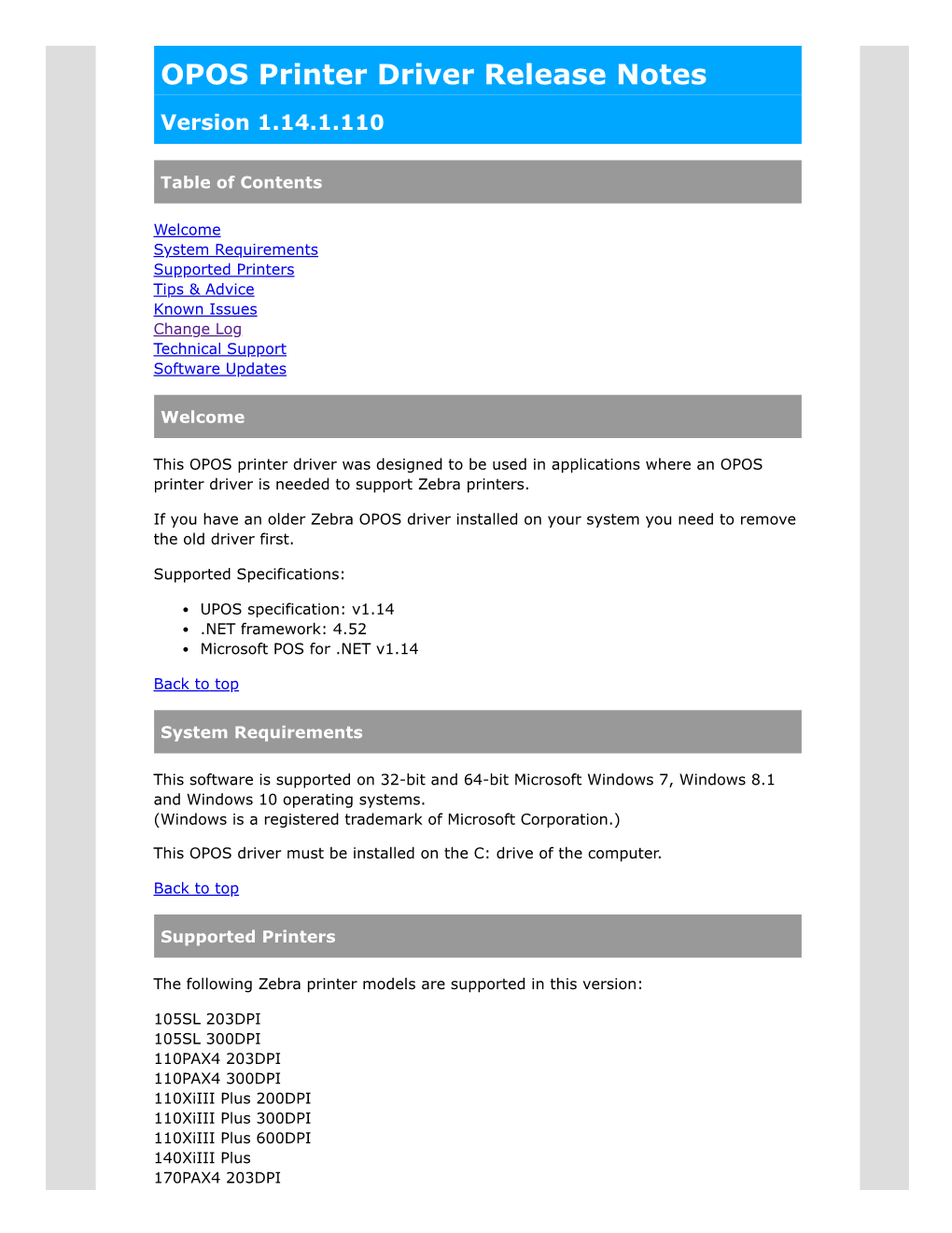 OPOS Printer Driver Release Notes