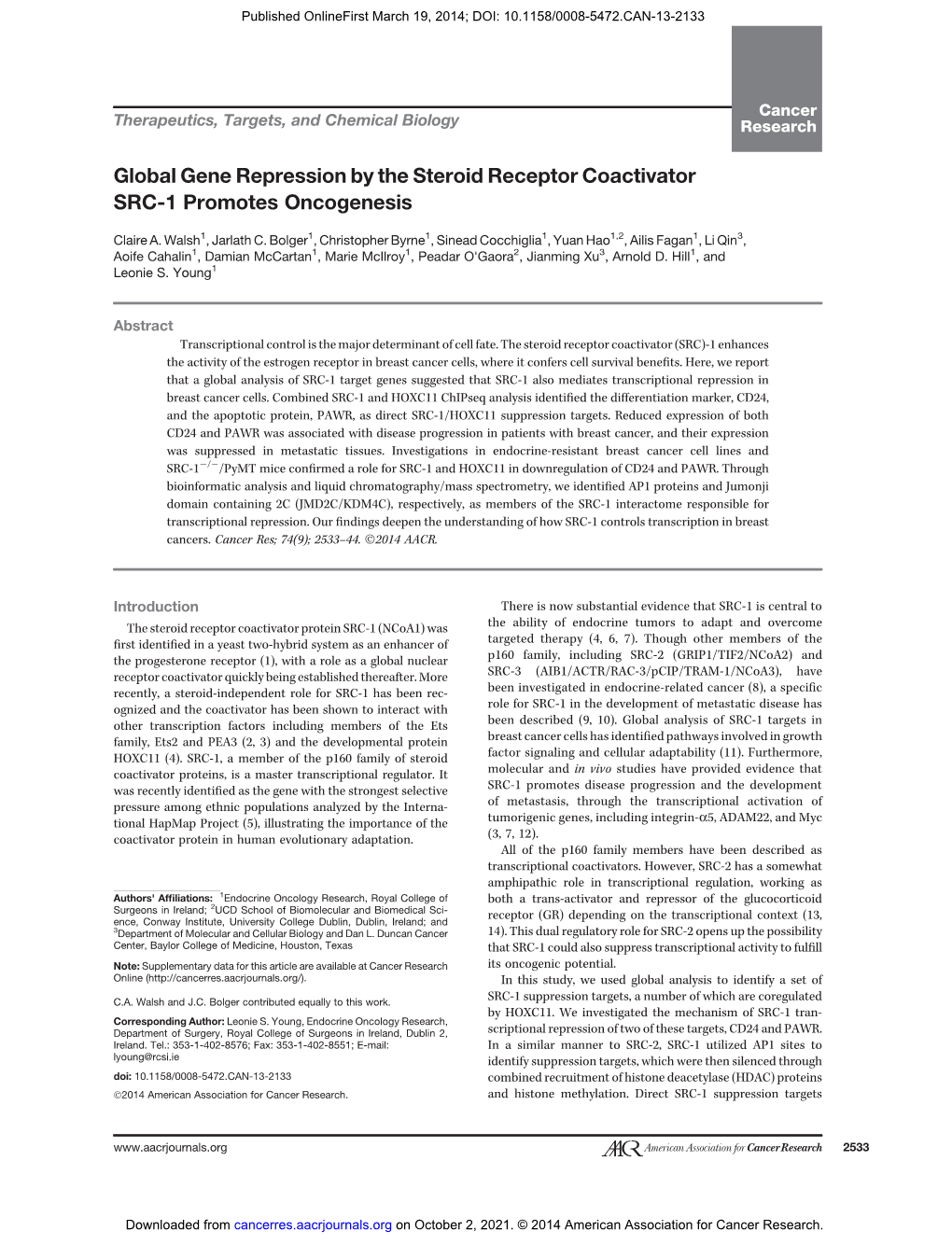 Global Gene Repression by the Steroid Receptor Coactivator SRC-1 Promotes Oncogenesis