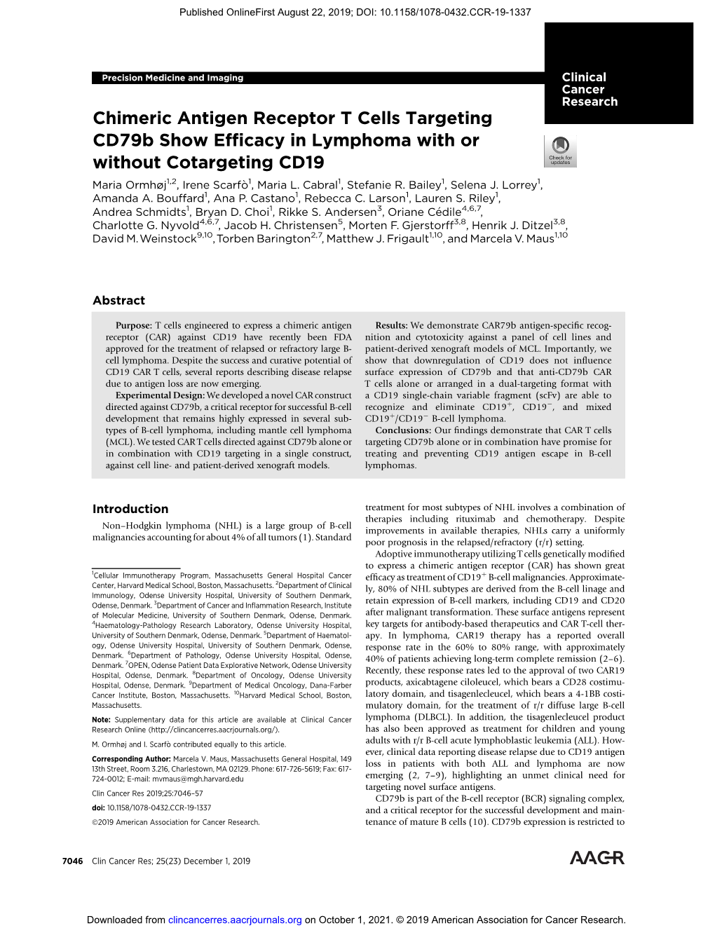 Chimeric Antigen Receptor T Cells Targeting Cd79b Show Efficacy in Lymphoma with Or Without Cotargeting CD19