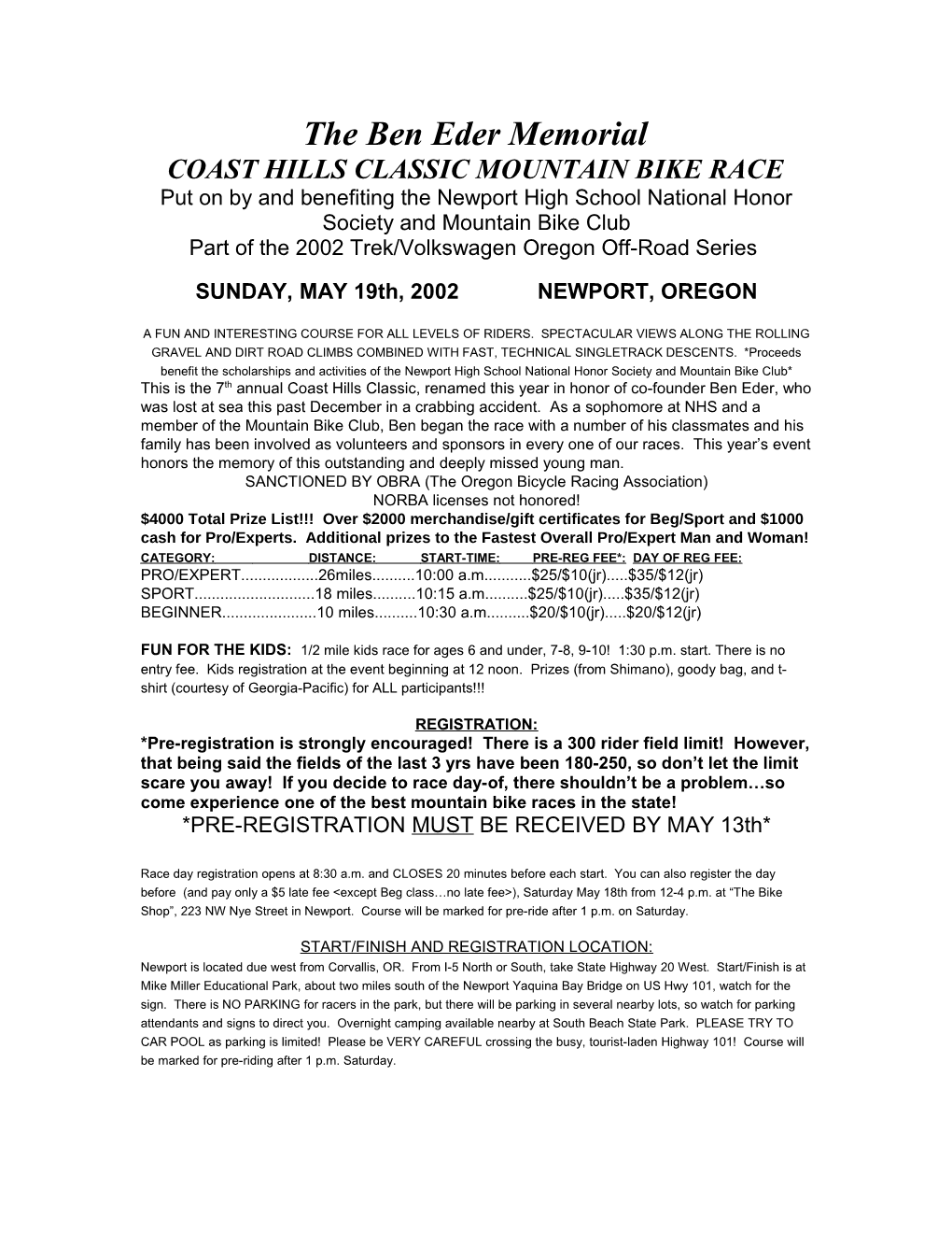 Coast Hills Classic Mountain Bike Race