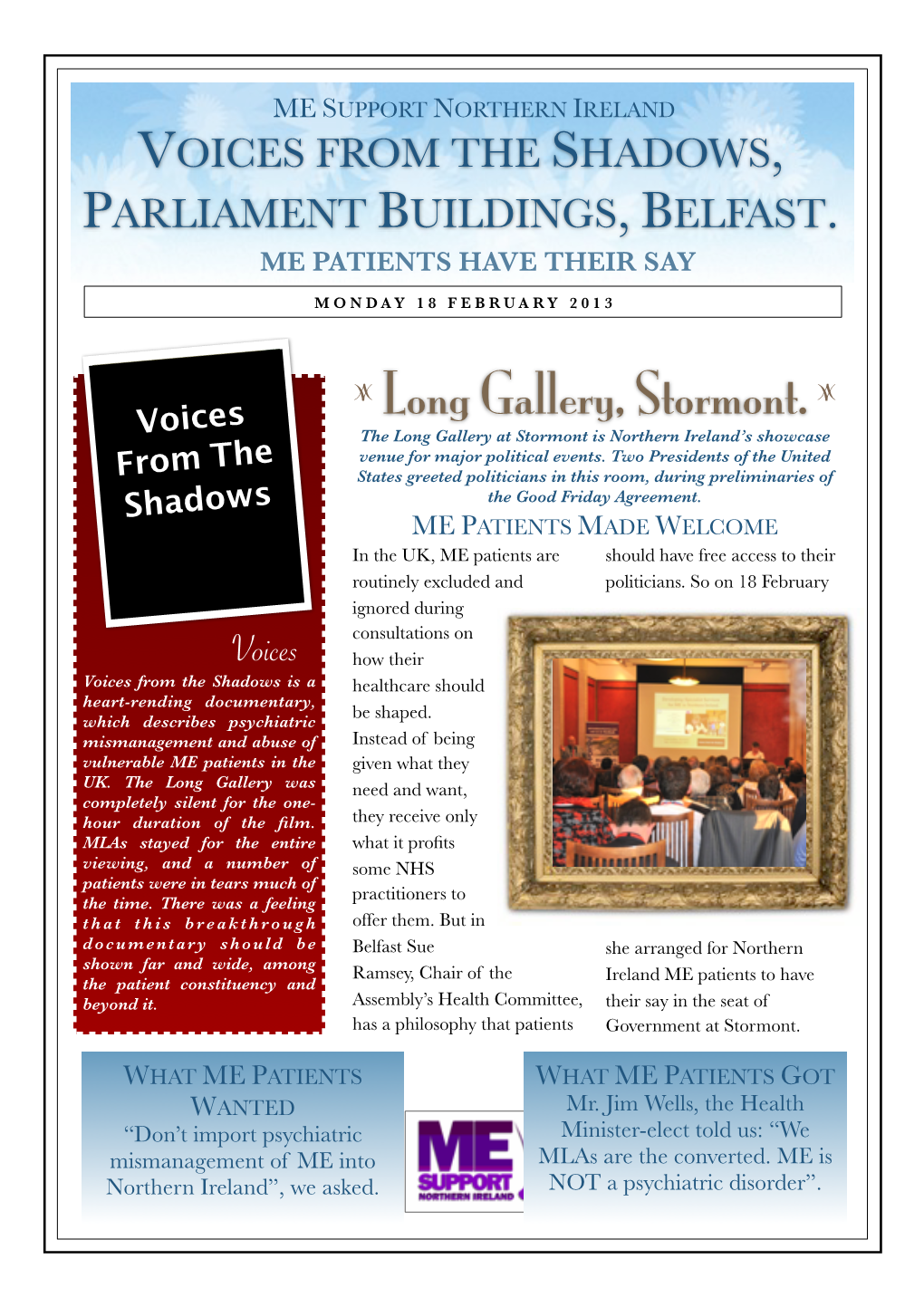 Voices from the Shadows, Parliament Buildings, Belfast