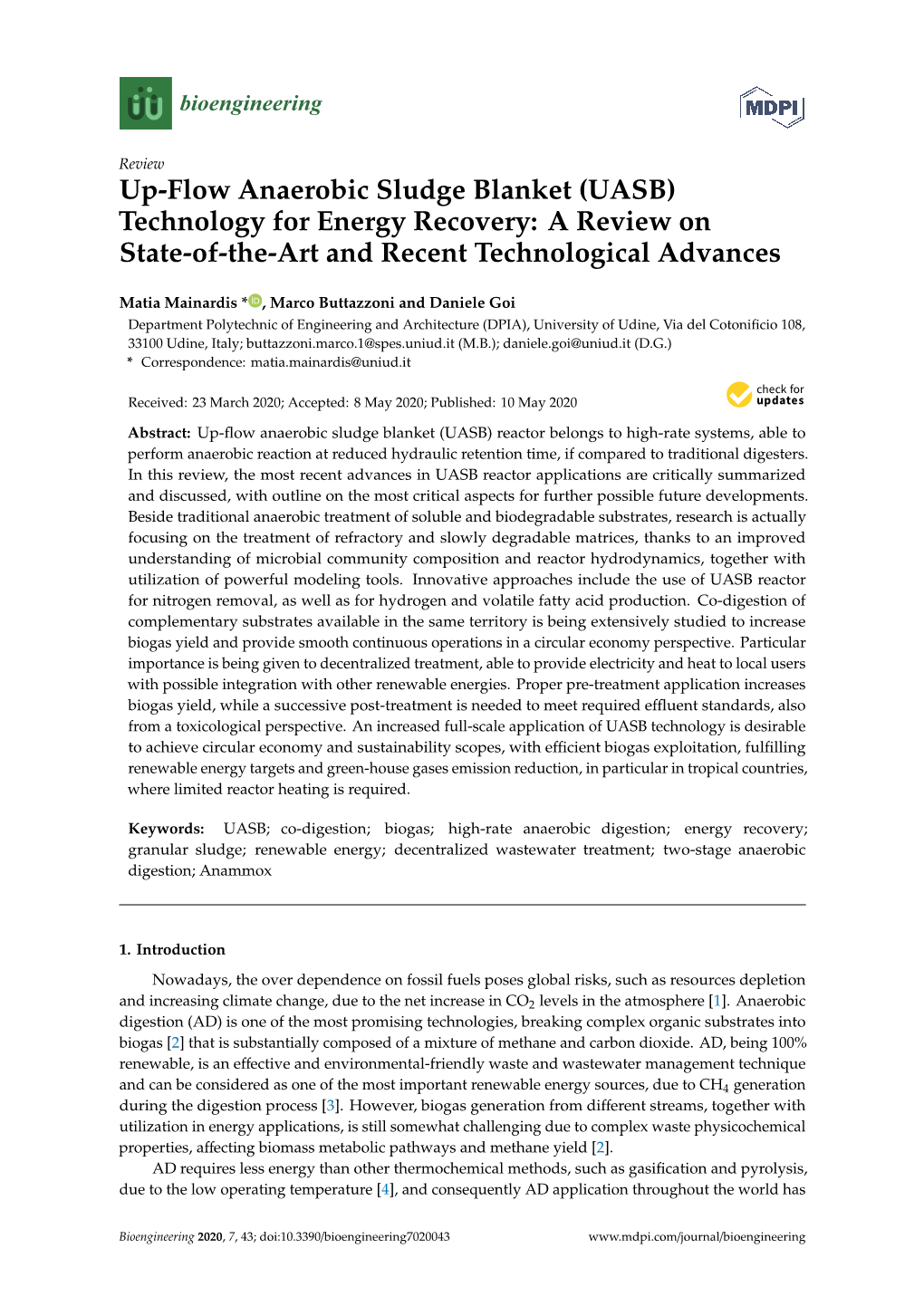 Up-Flow Anaerobic Sludge Blanket (UASB) Technology for Energy Recovery: a Review on State-Of-The-Art and Recent Technological Advances