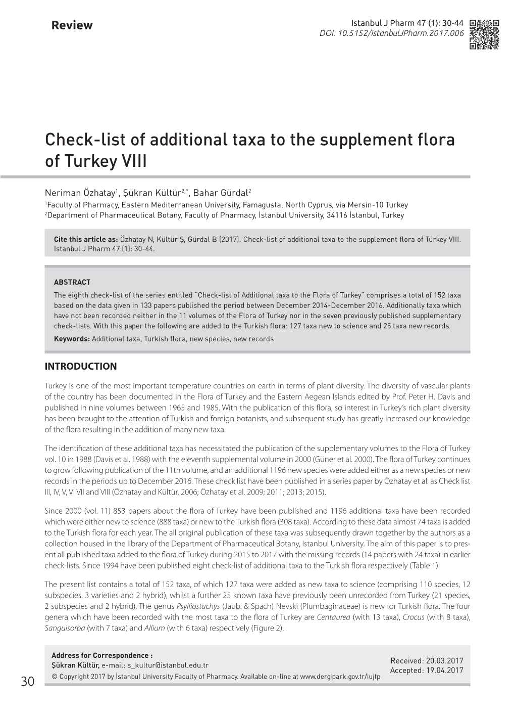 Check-List of Additional Taxa to the Supplement Flora of Turkey VIII