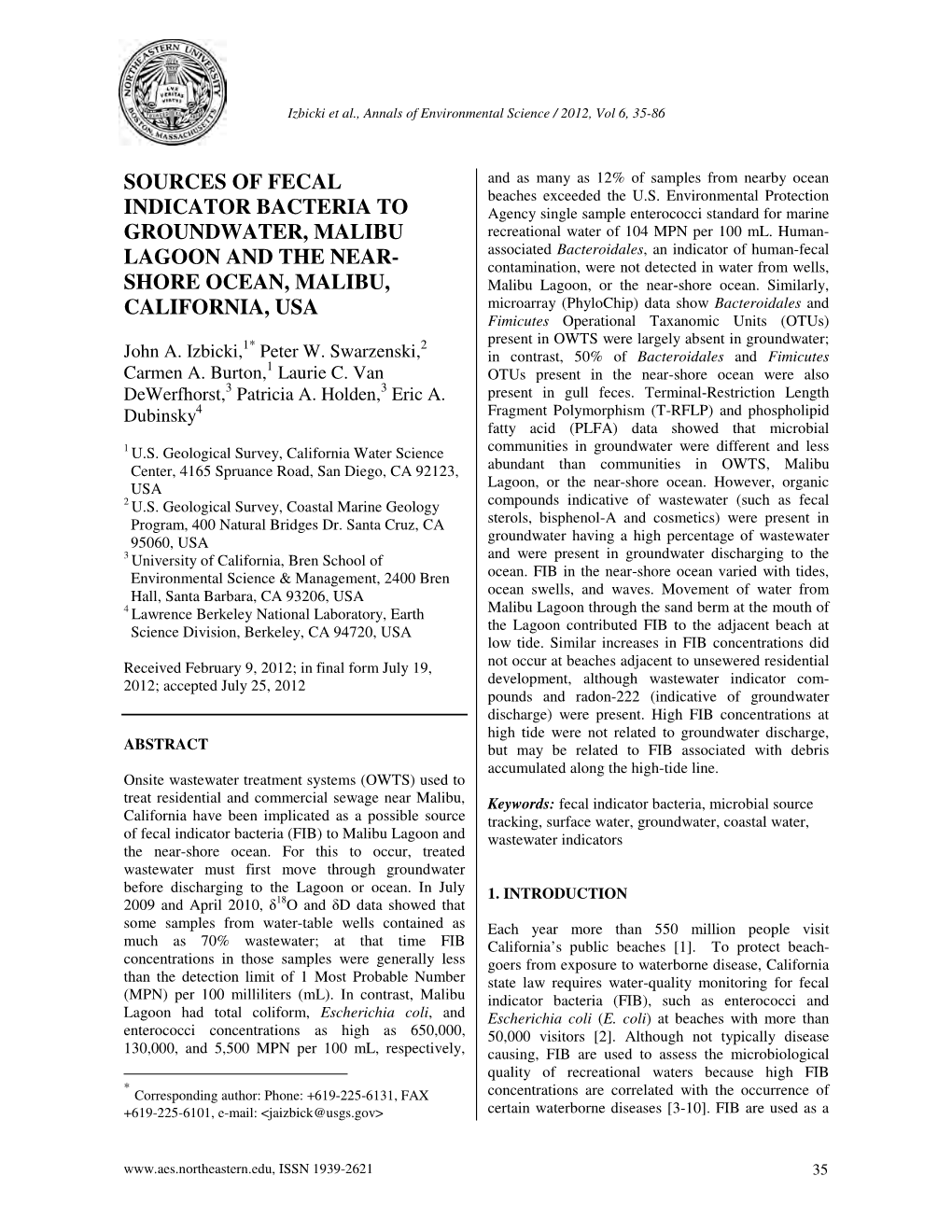 Sources of Fecal Indicator Bacteria to Groundwater, Malibu Lagoon And