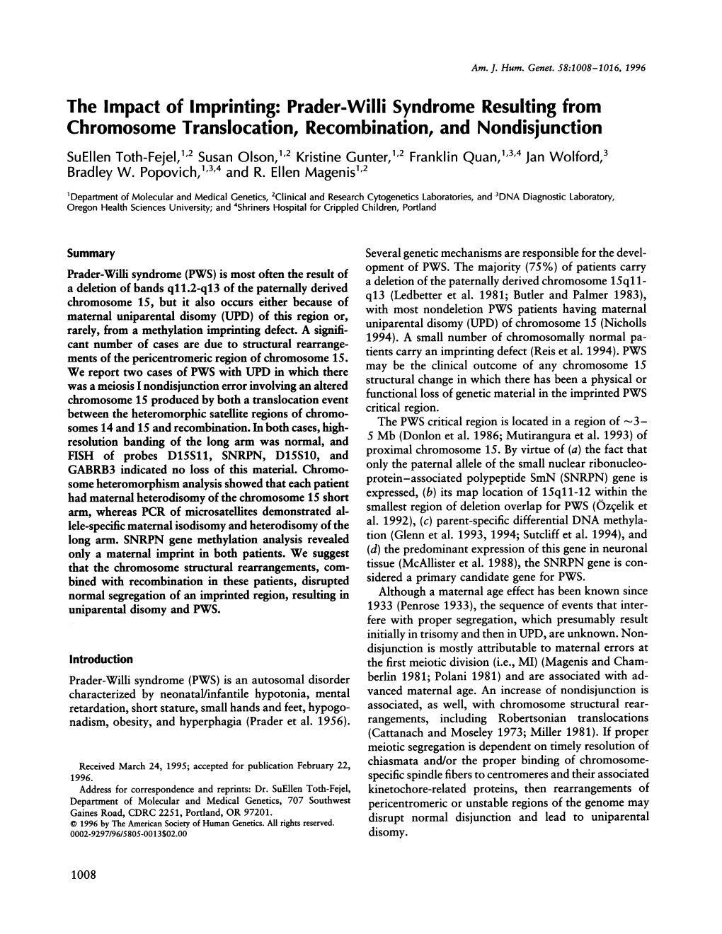 Chromosome Translocation, Recombination, and Nondisjunction