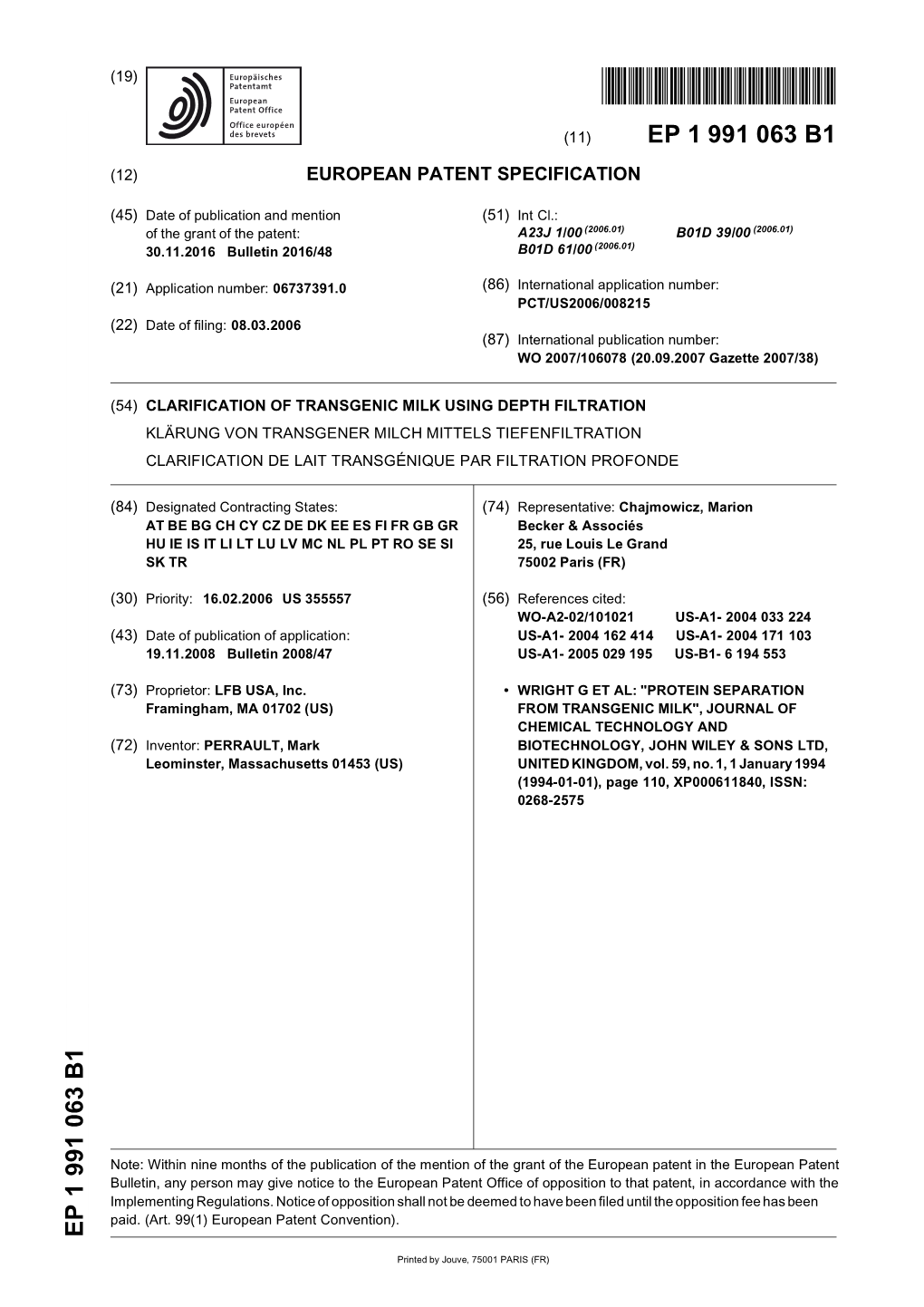 Clarification of Transgenic Milk Using Depth Filtration