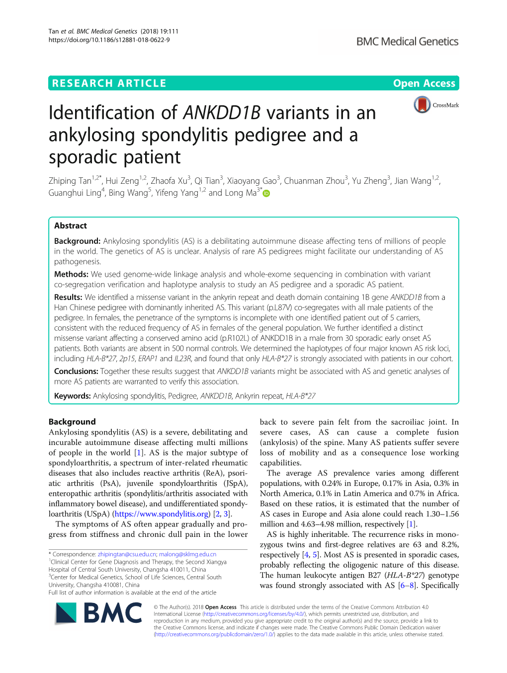 Identification of ANKDD1B Variants in an Ankylosing Spondylitis Pedigree and a Sporadic Patient