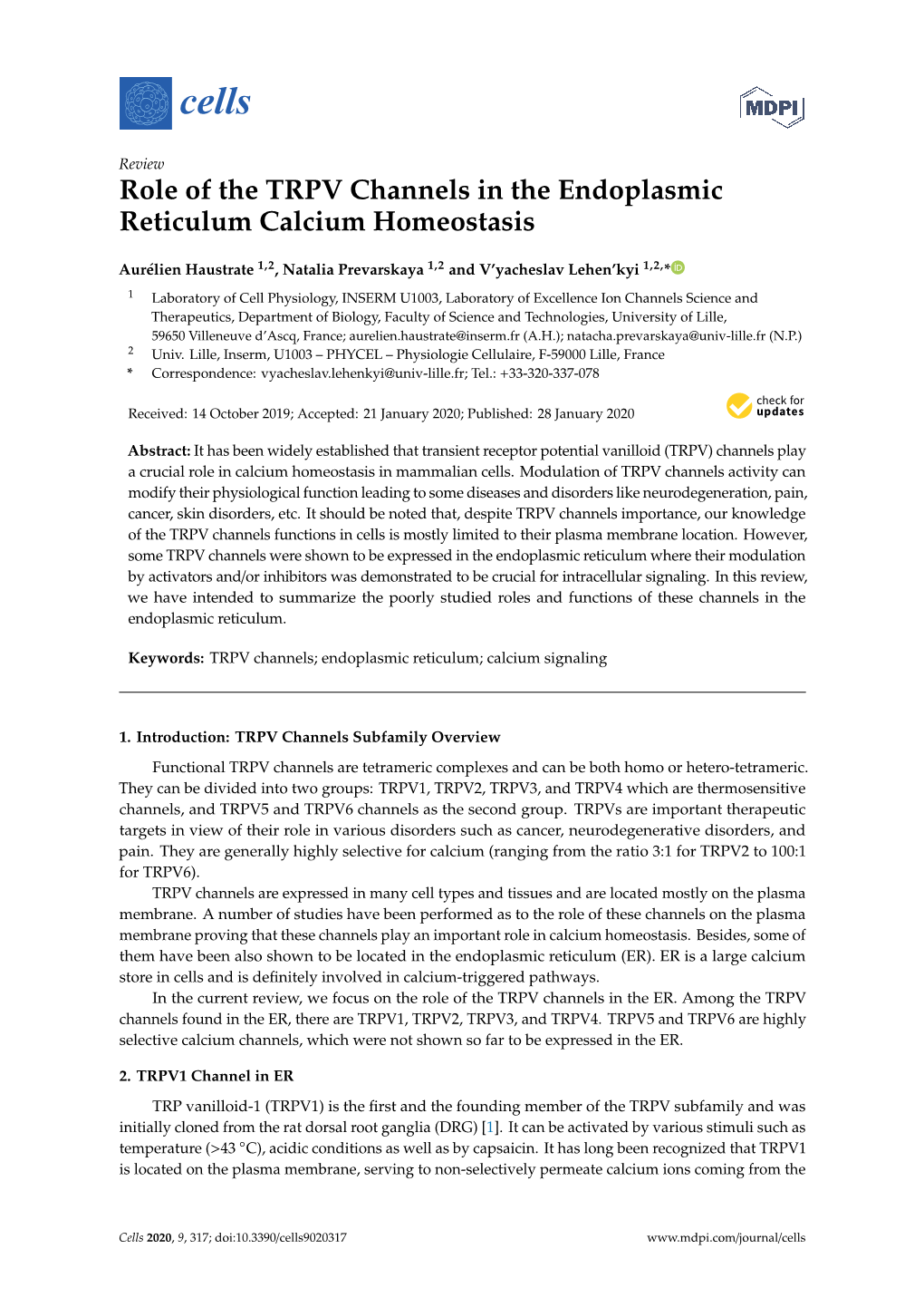 Role of the TRPV Channels in the Endoplasmic Reticulum Calcium Homeostasis