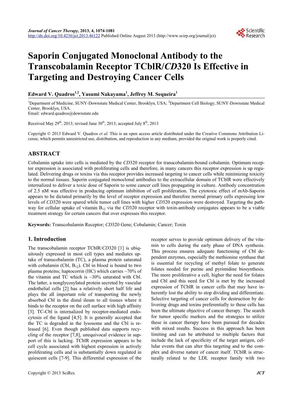 Saporin Conjugated Monoclonal Antibody to the Transcobalamin Receptor Tcblr/CD320 Is Effective in Targeting and Destroying Cancer Cells