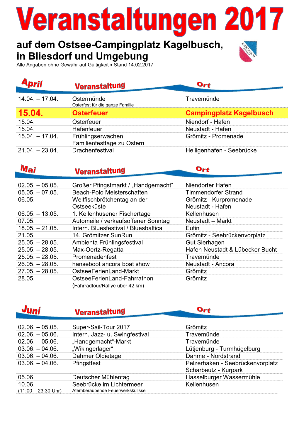 Auf Dem Ostsee-Campingplatz Kagelbusch, in Bliesdorf Und Umgebung Alle Angaben Ohne Gewähr Auf Gültigkeit  Stand 14.02.2017