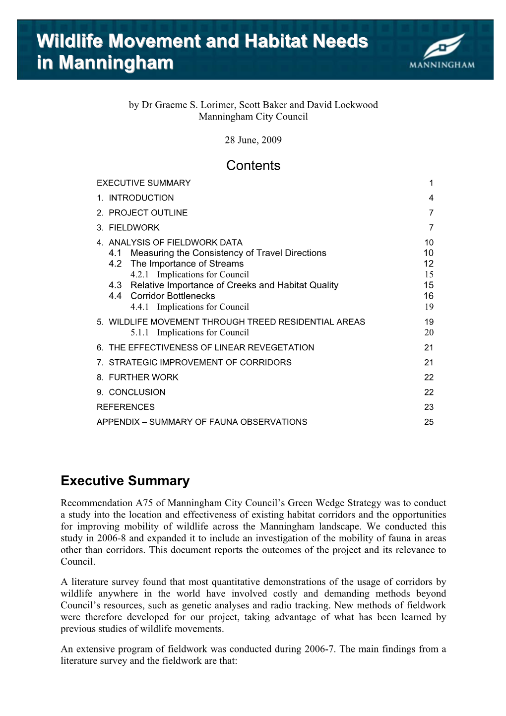 Wildlife Movement and Habitat Needs in Manningham 2009