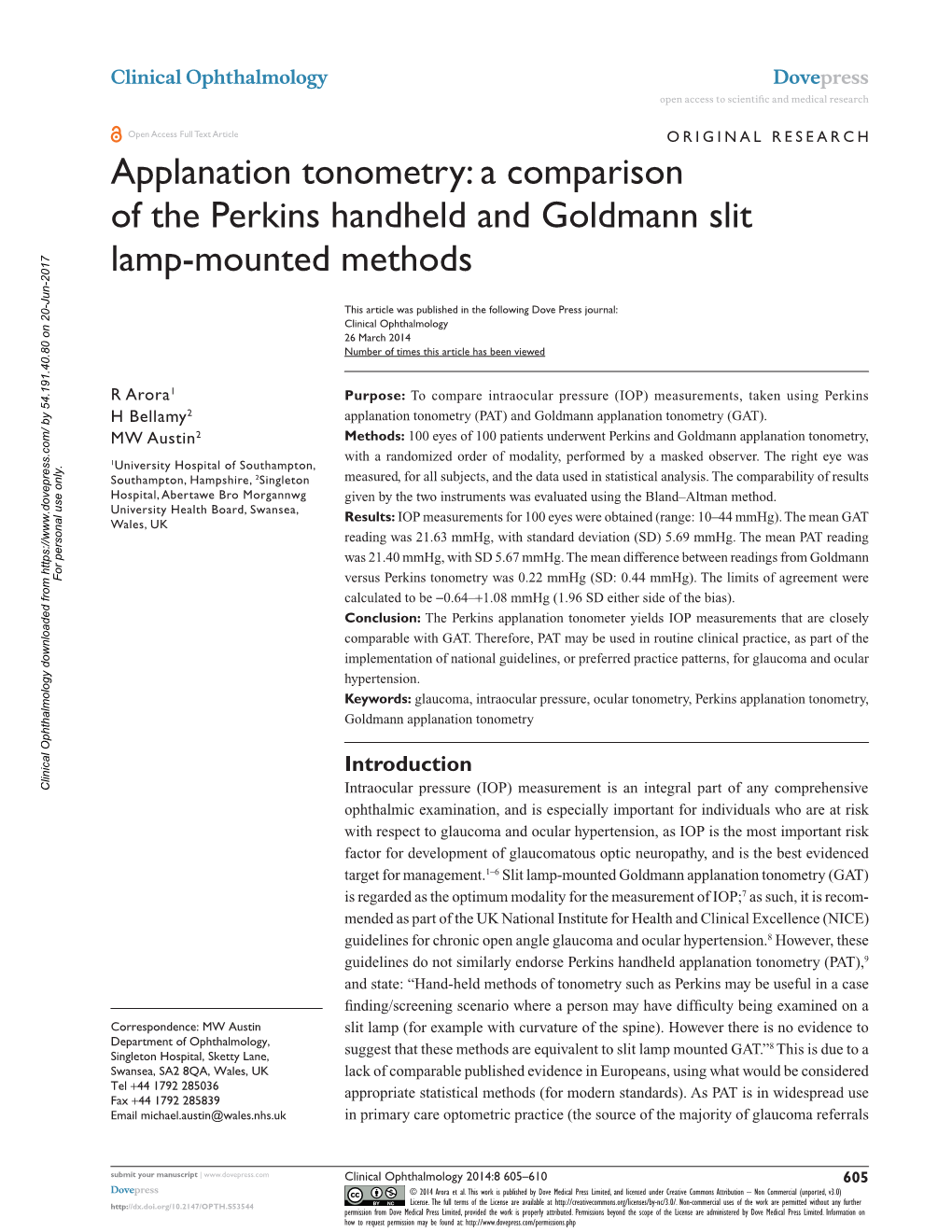 Applanation Tonometry: a Comparison of the Perkins Handheld and Goldmann Slit Lamp-Mounted Methods