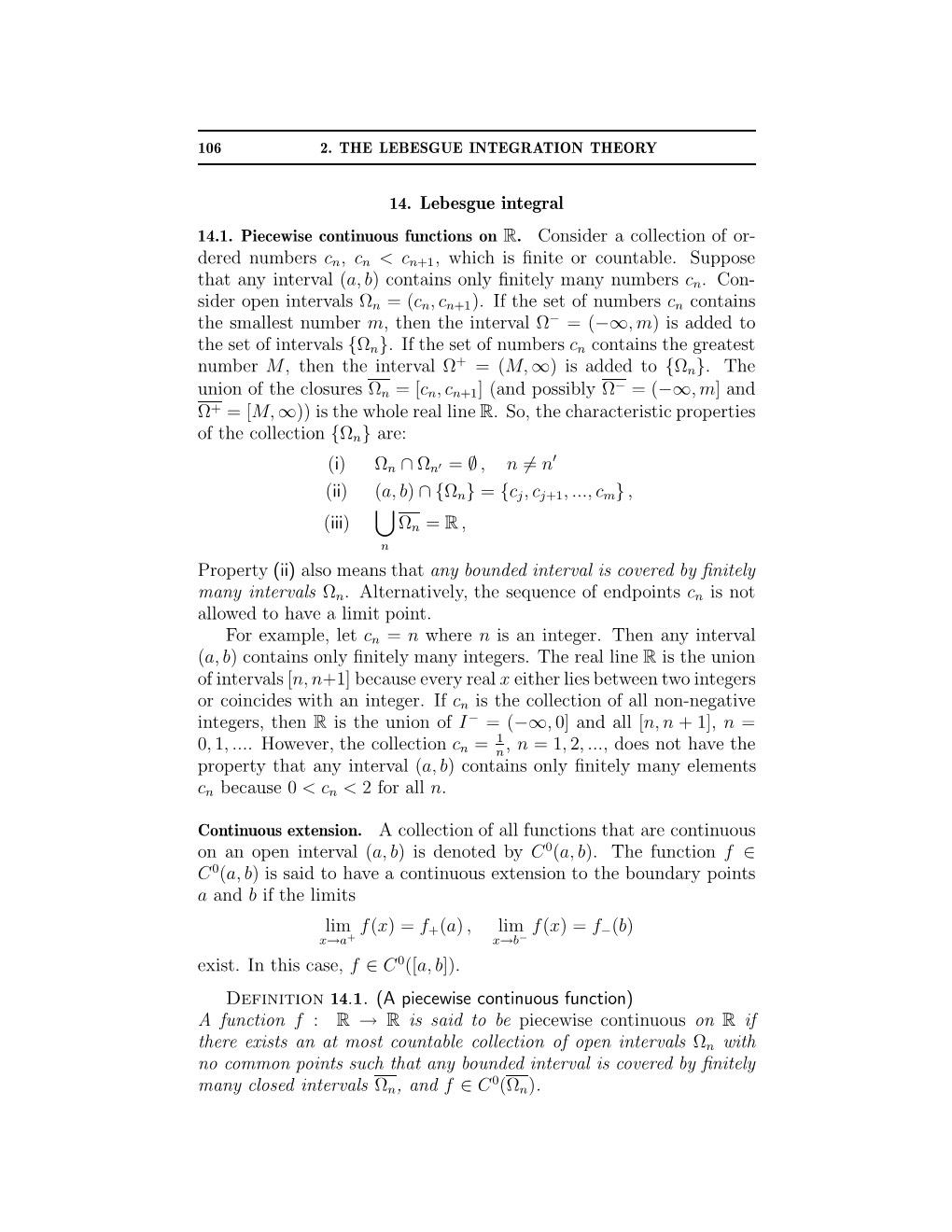 14. Lebesgue Integral Dered Numbers Cn, Cn < Cn+1, Which Is Finite Or