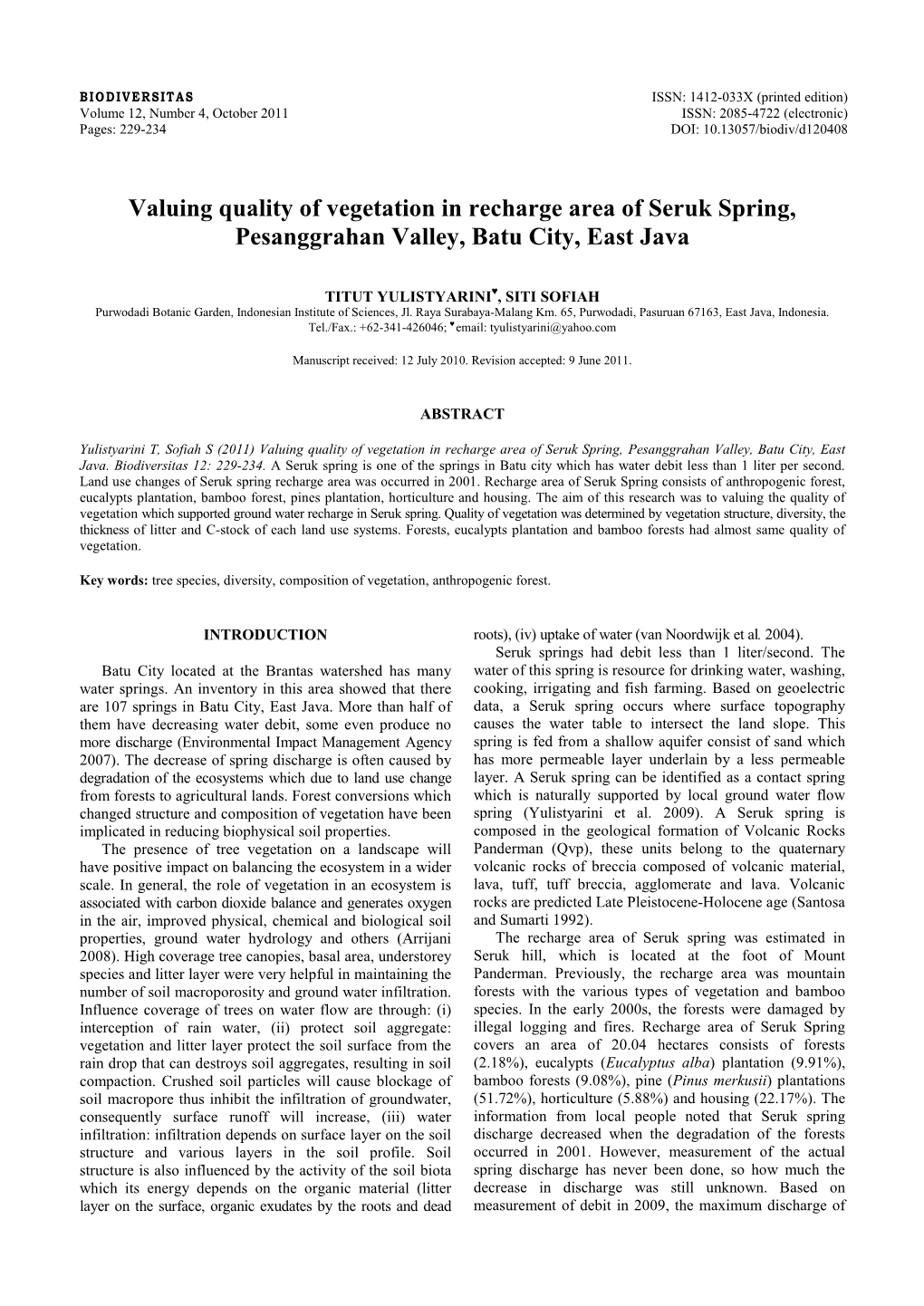 Valuing Quality of Vegetation in Recharge Area of Seruk Spring, Pesanggrahan Valley, Batu City, East Java