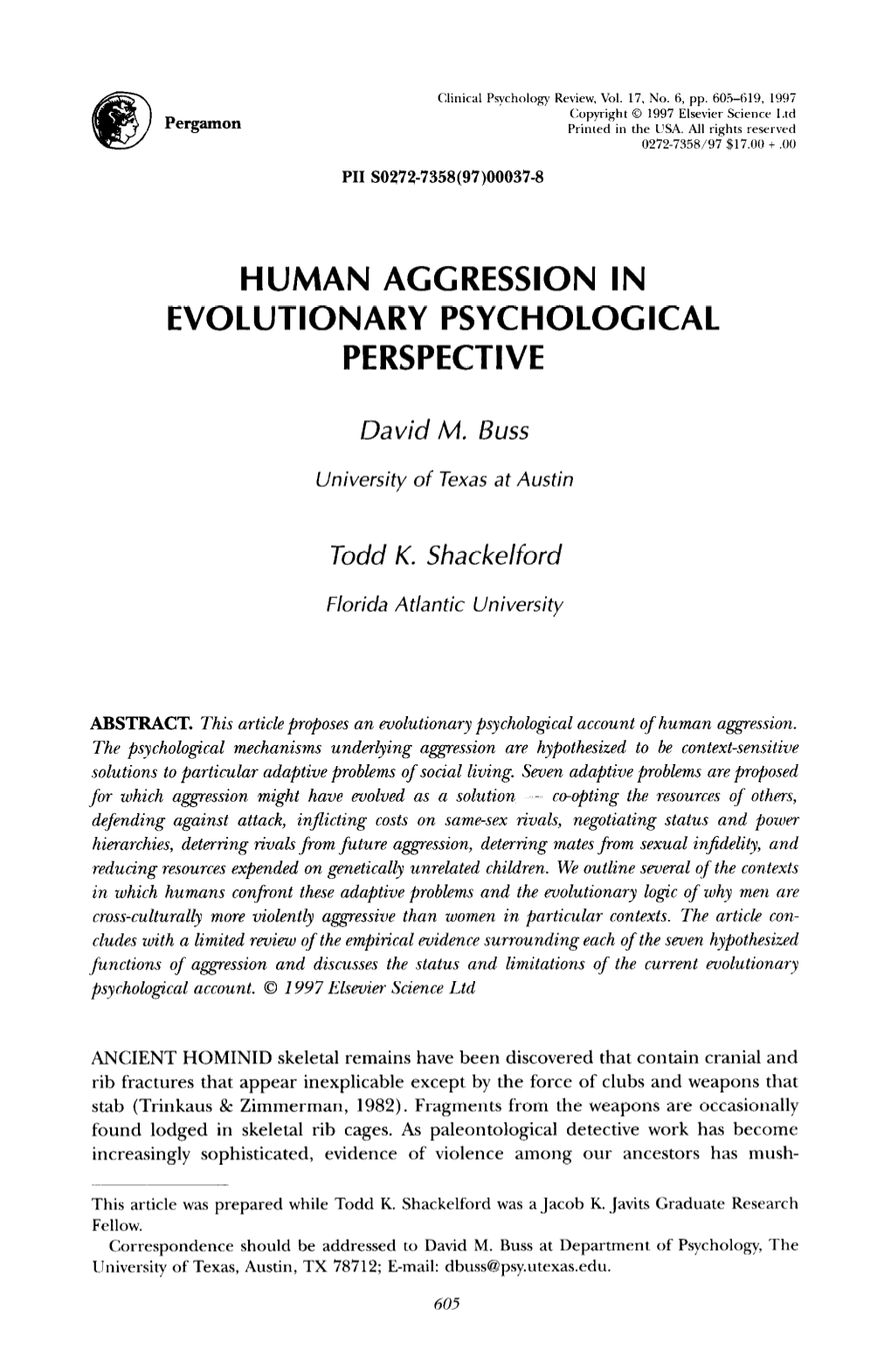 Human Aggression in Evolutionary Psychological Perspective