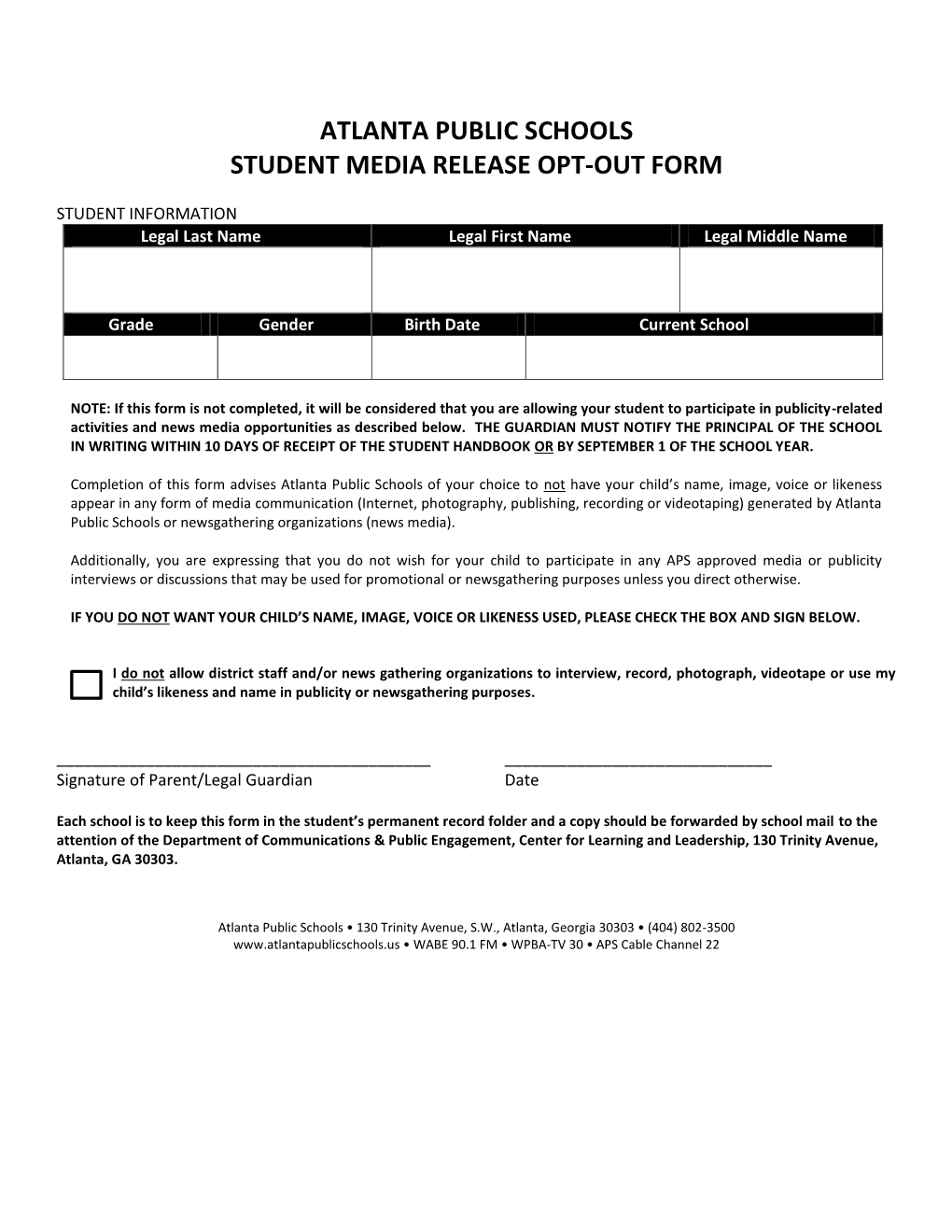 Atlanta Public Schools Student Media Release Opt-Out Form