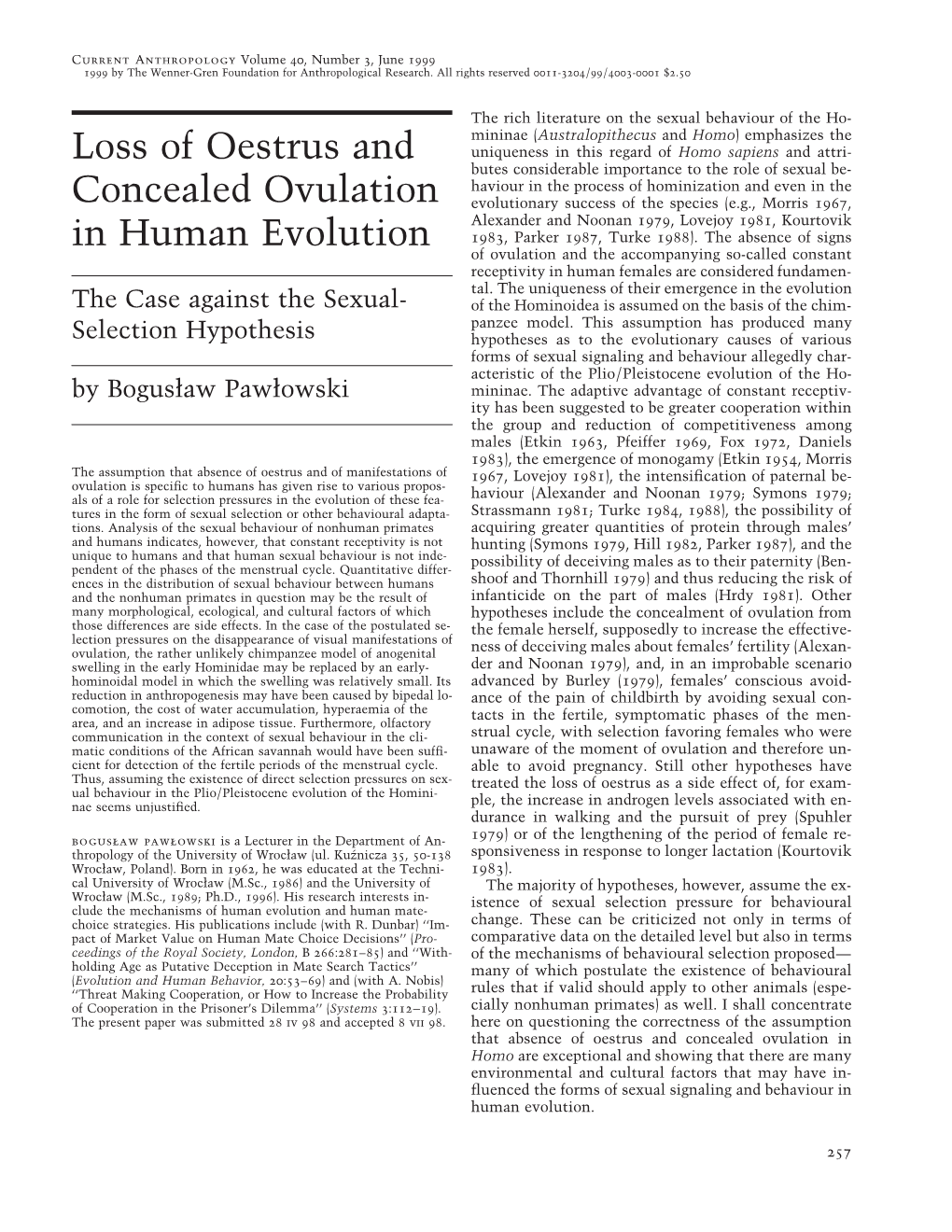 Loss of Oestrus and Concealed Ovulation in Human Evolution