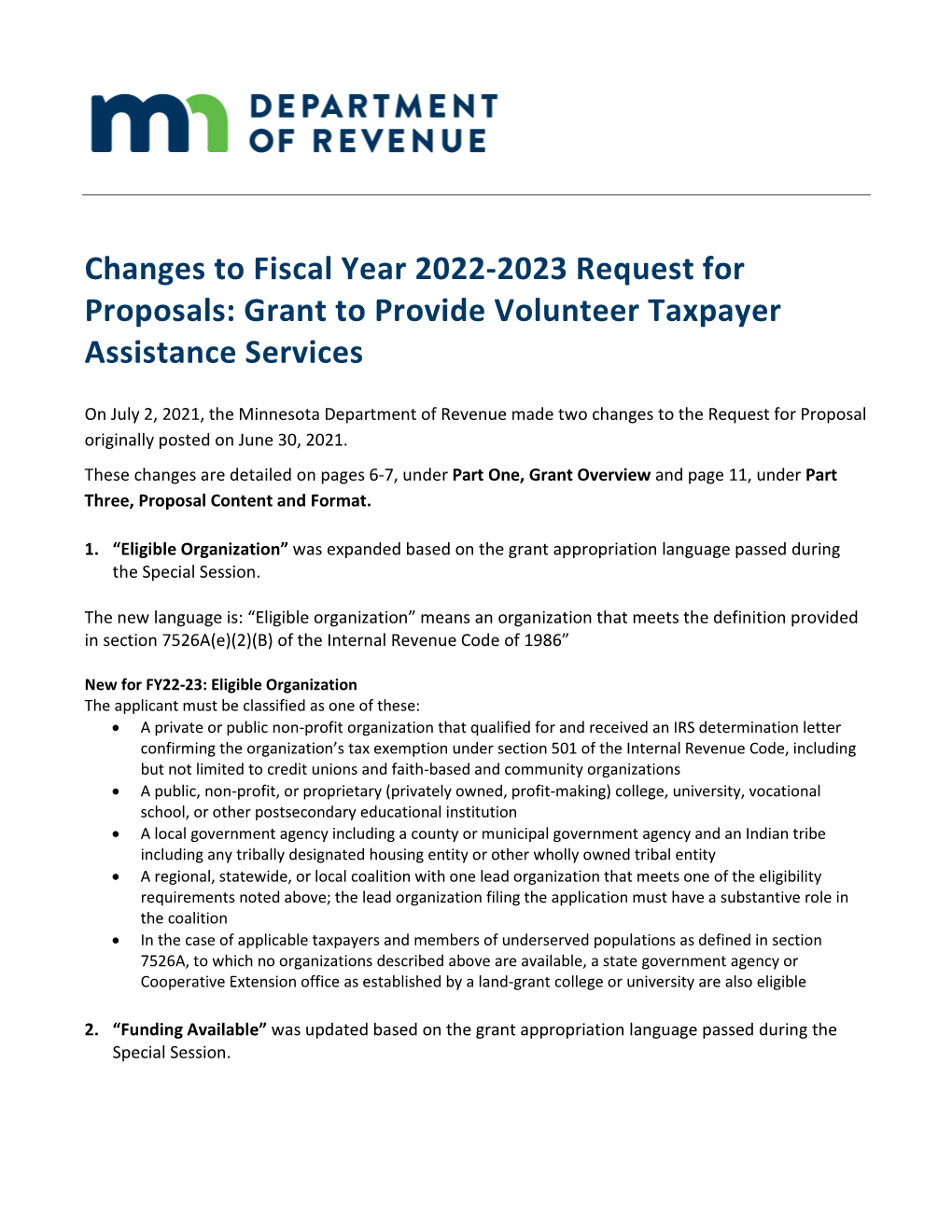 Grant to Provide Volunteer Taxpayer Assistance Services