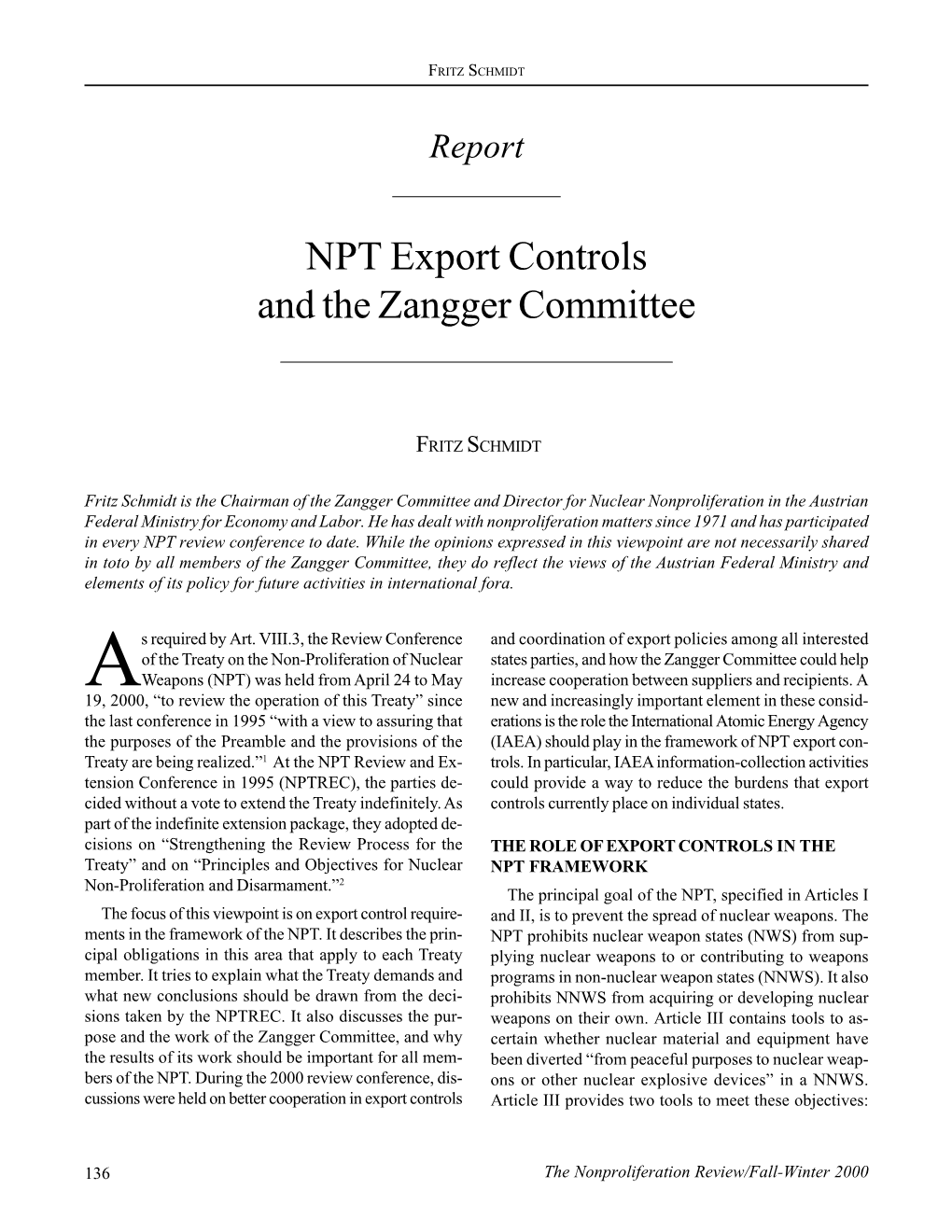 NPR73: NPT Export Controls and the Zangger Committee