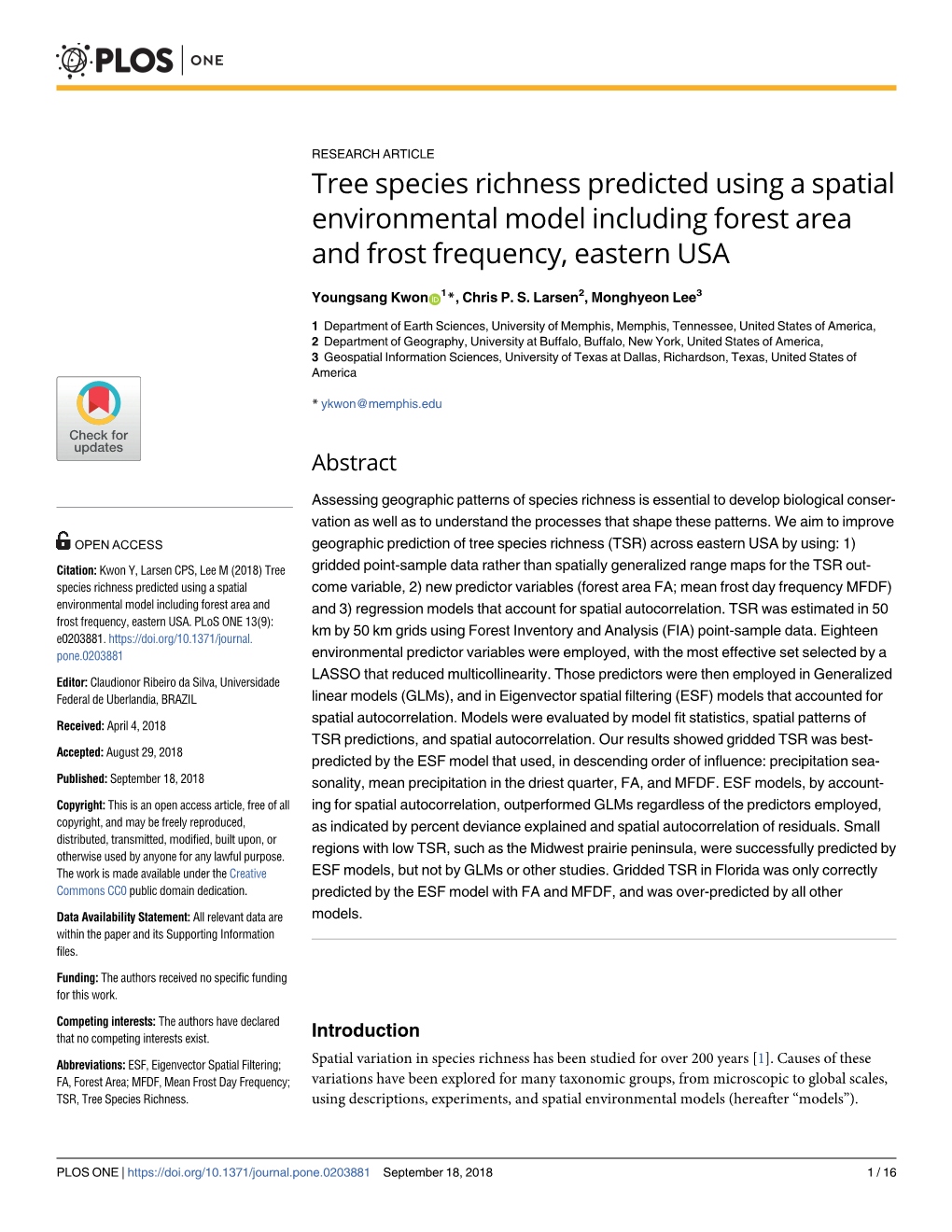 Tree Species Richness Predicted Using a Spatial Environmental Model Including Forest Area and Frost Frequency, Eastern USA