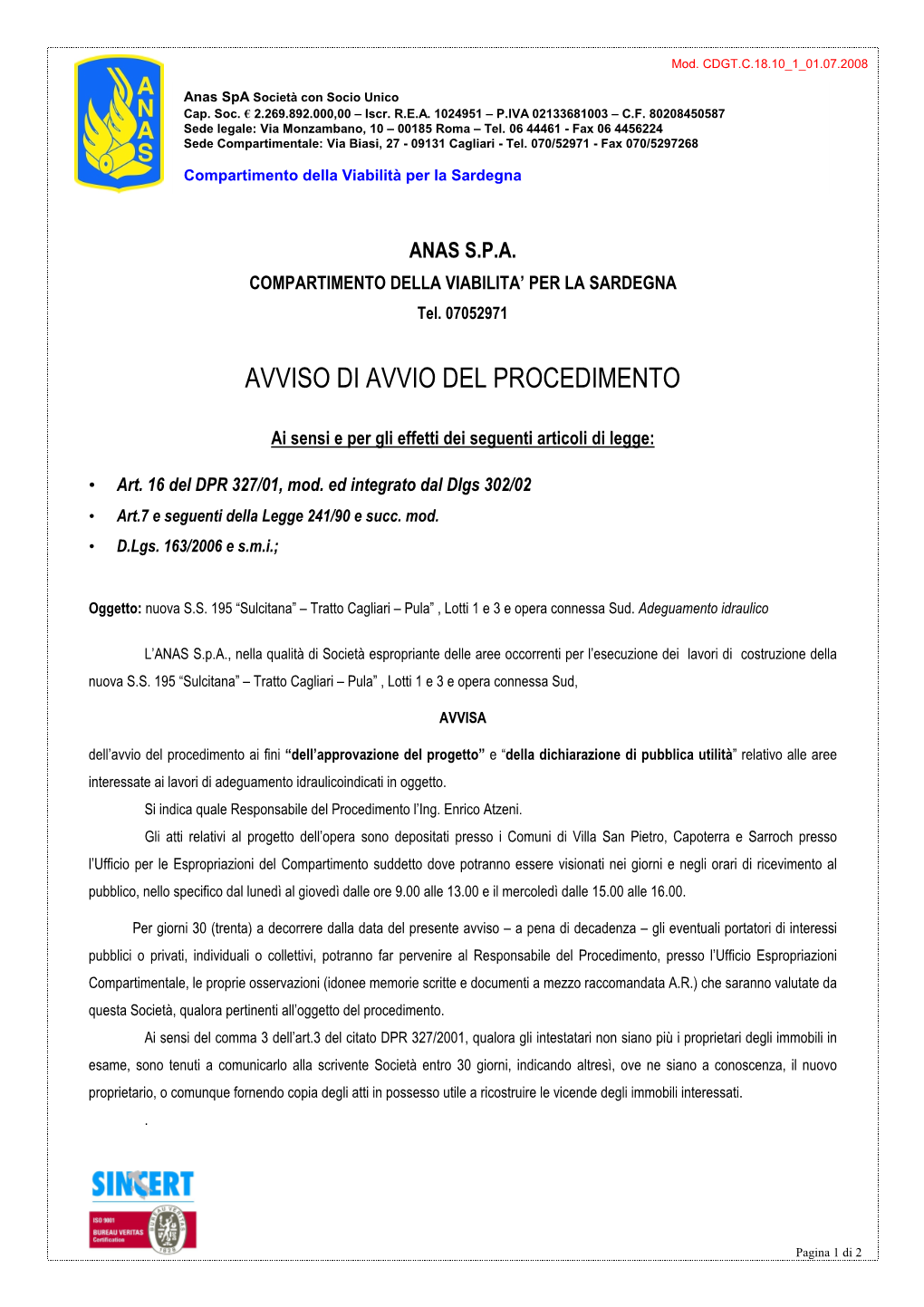 Avviso Di Avvio Del Procedimento