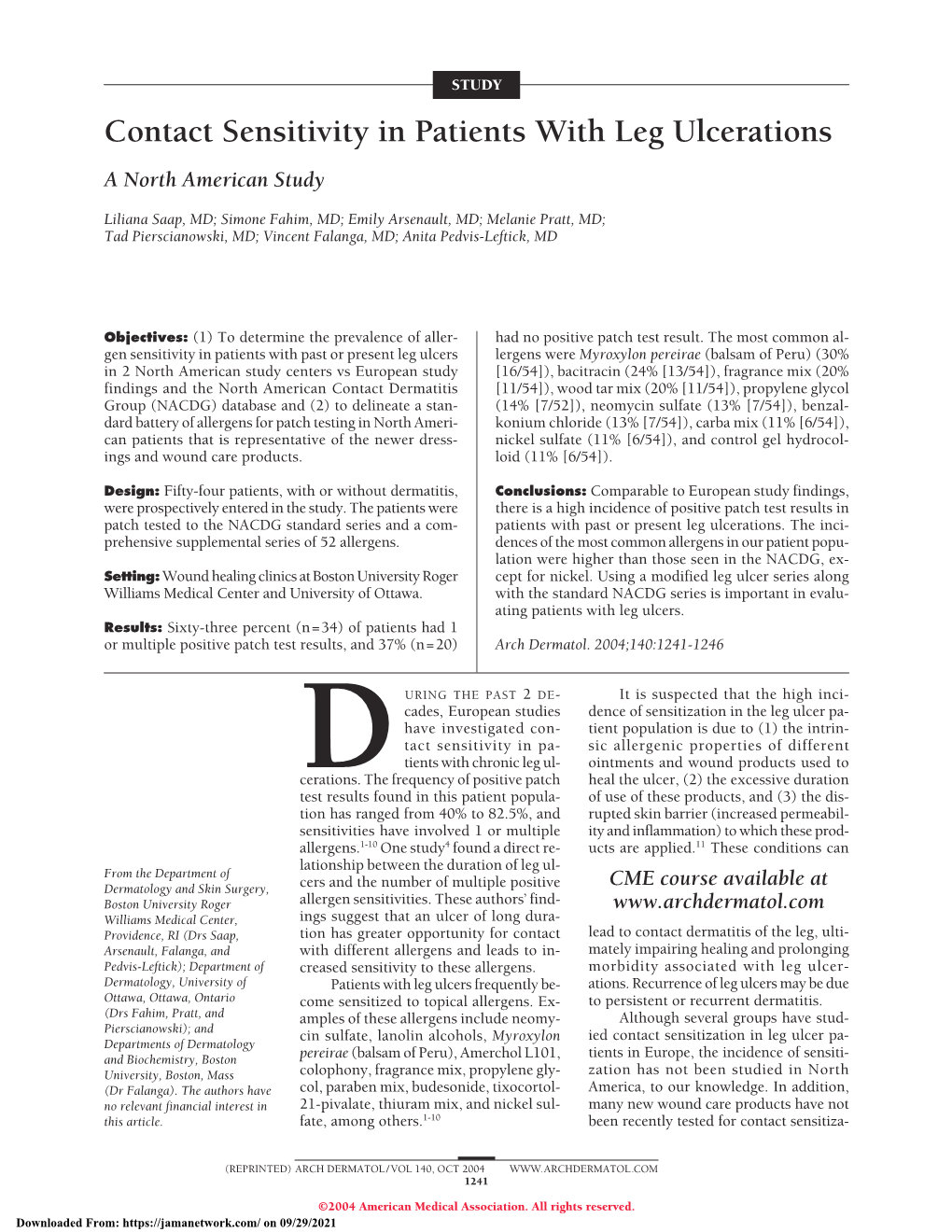 Contact Sensitivity in Patients with Leg Ulcerations: a North American Study