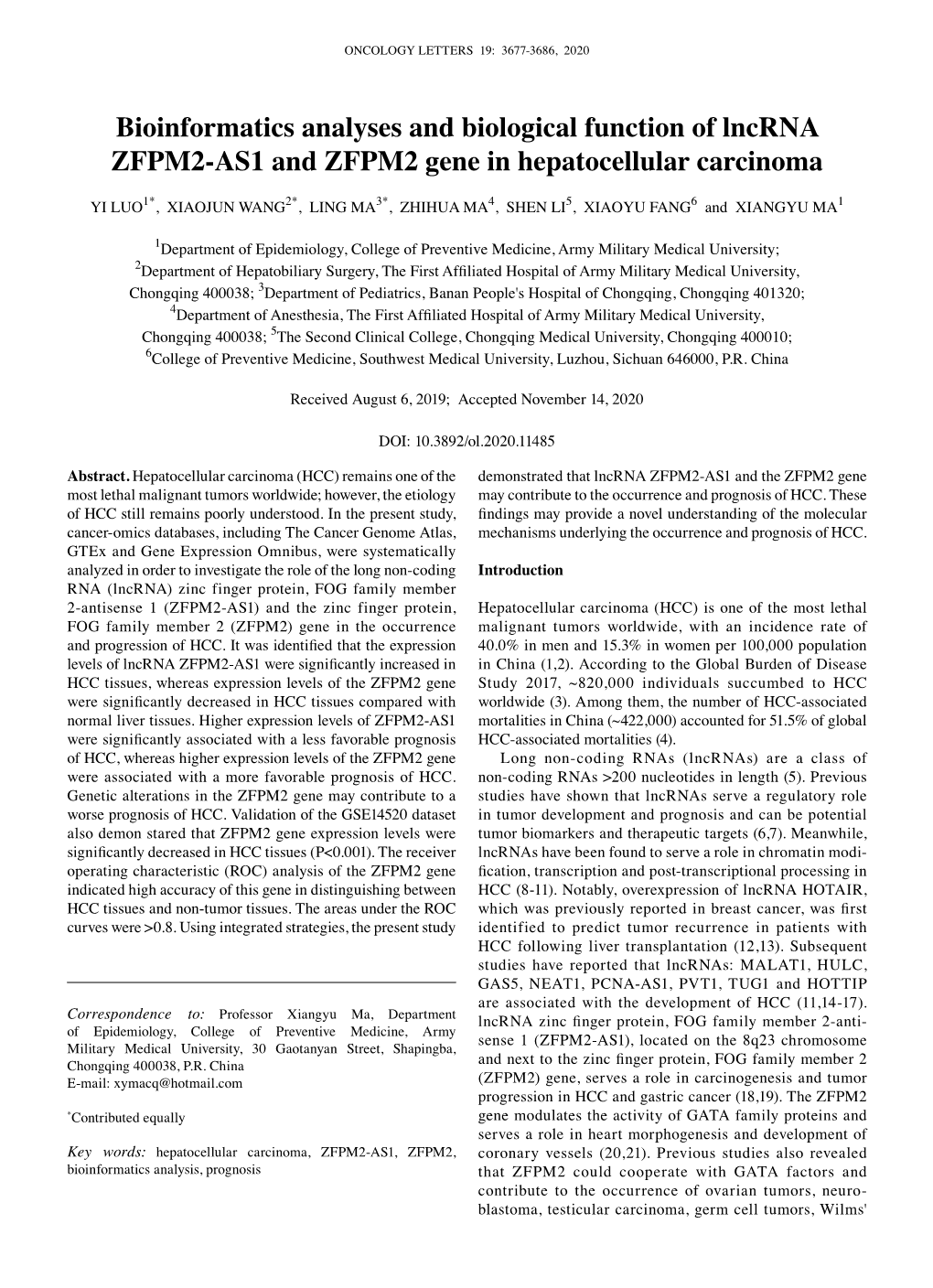 Bioinformatics Analyses and Biological Function of Lncrna ZFPM2‑AS1 and ZFPM2 Gene in Hepatocellular Carcinoma