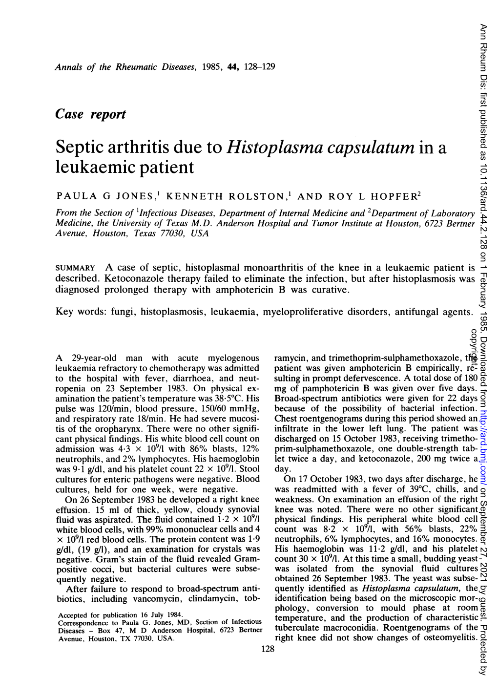 Septic Arthritis Due to Histoplasma Capsulatum in a Leukaemic Patient