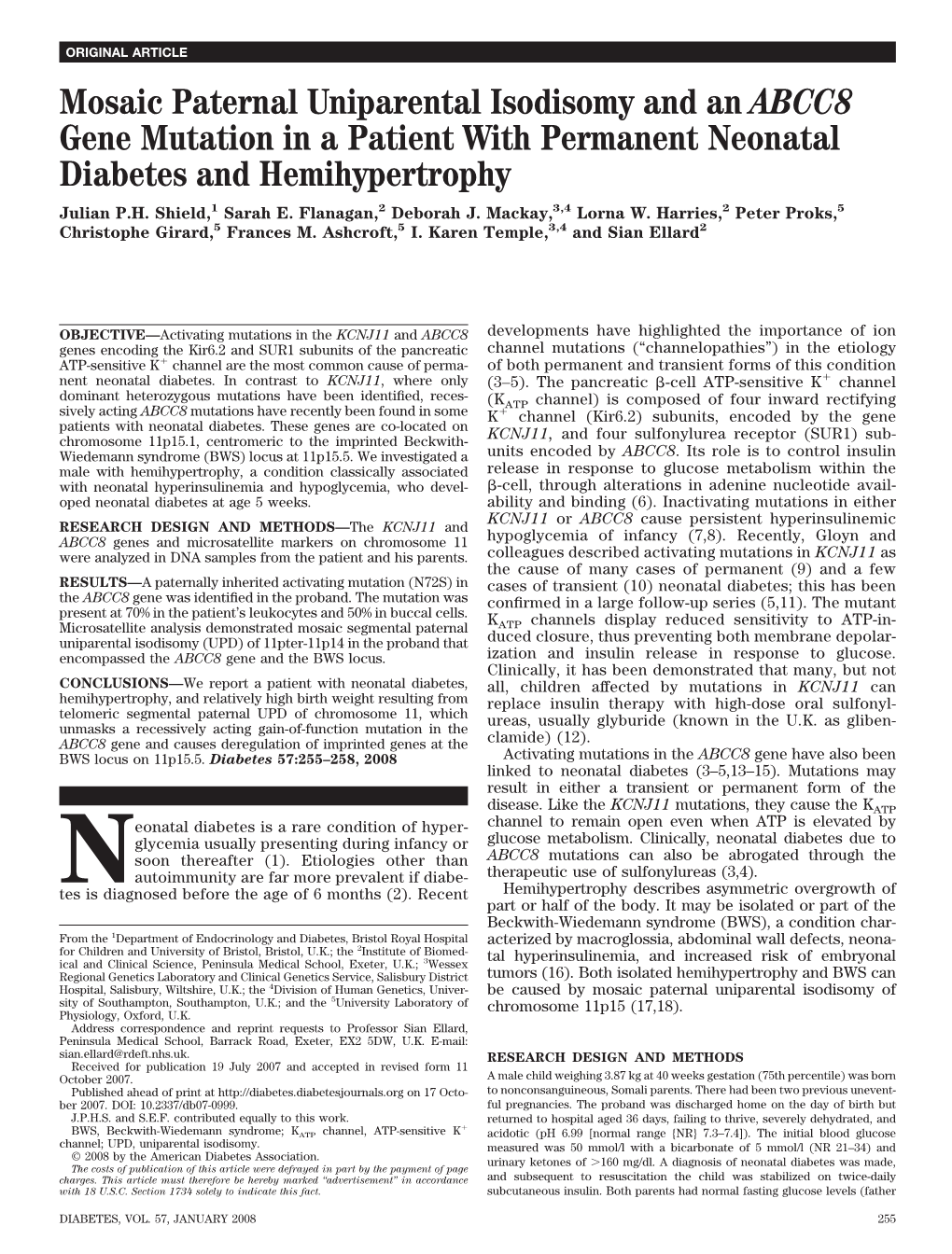 Mosaic Paternal Uniparental Isodisomy and an ABCC8 Gene Mutation in a Patient with Permanent Neonatal Diabetes and Hemihypertrophy Julian P.H