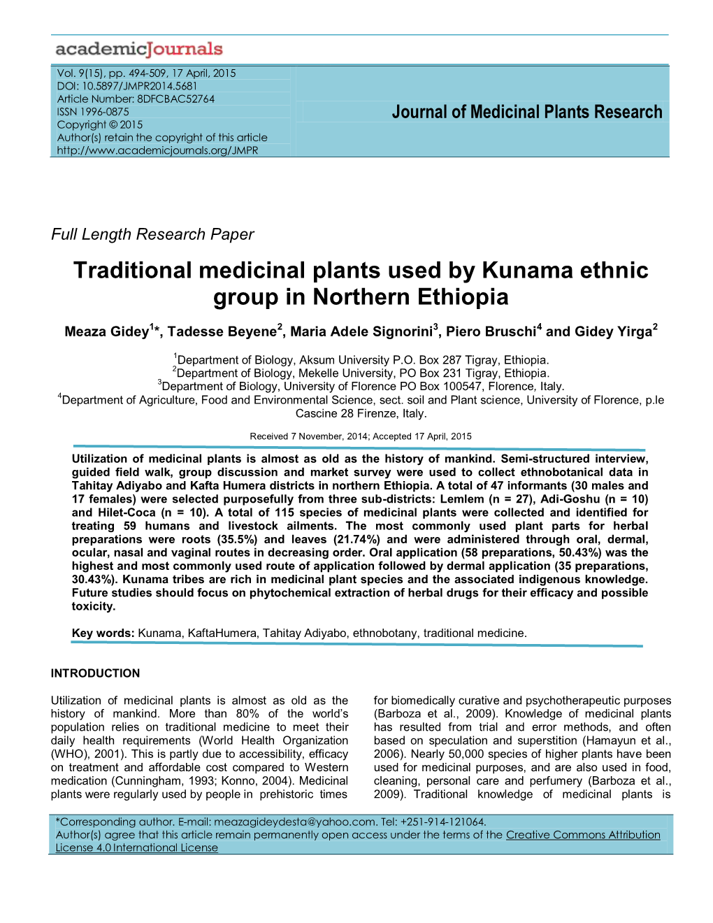 Traditional Medicinal Plants Used by Kunama Ethnic Group in Northern Ethiopia