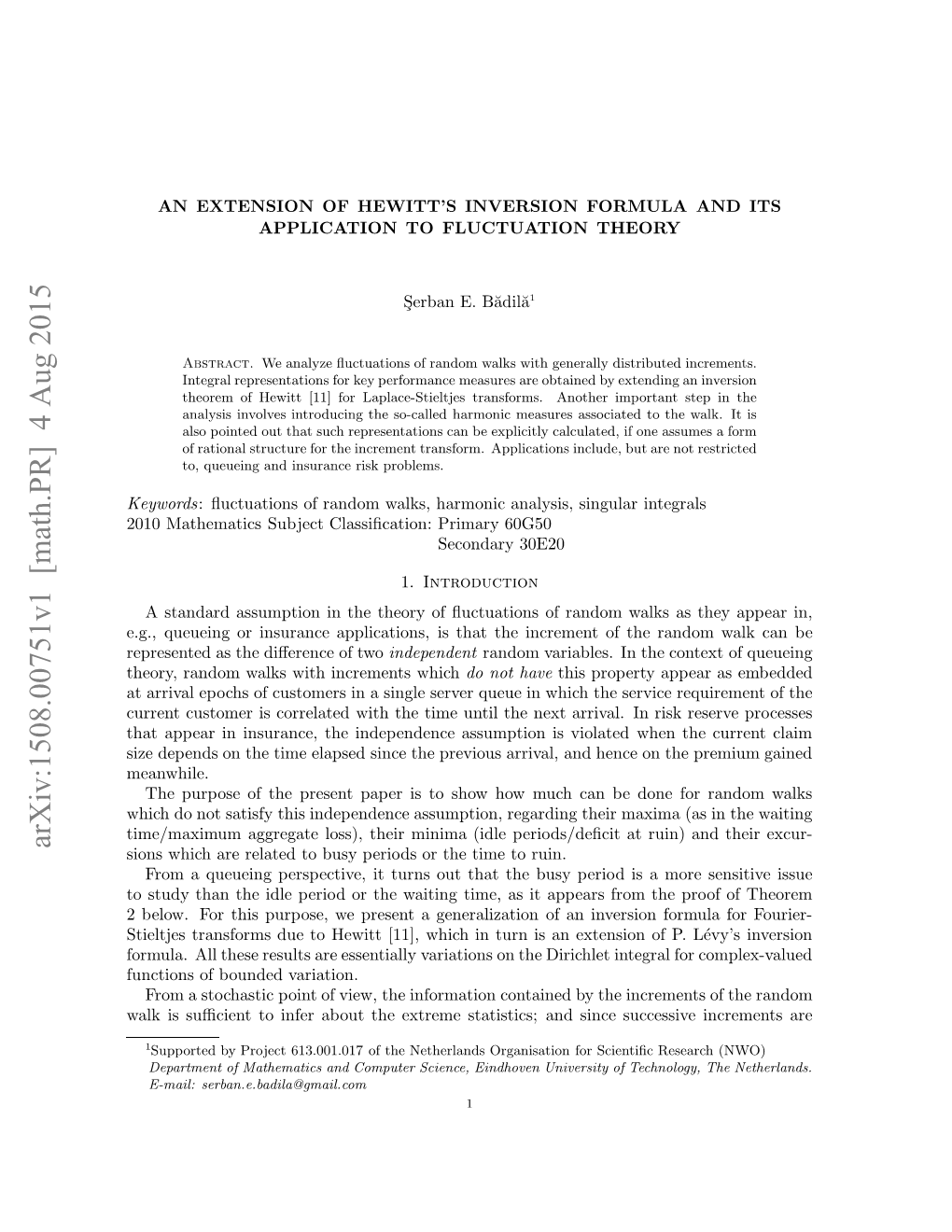 An Extension of Hewitt's Inversion Formula and Its Application to Fluctuation Theory