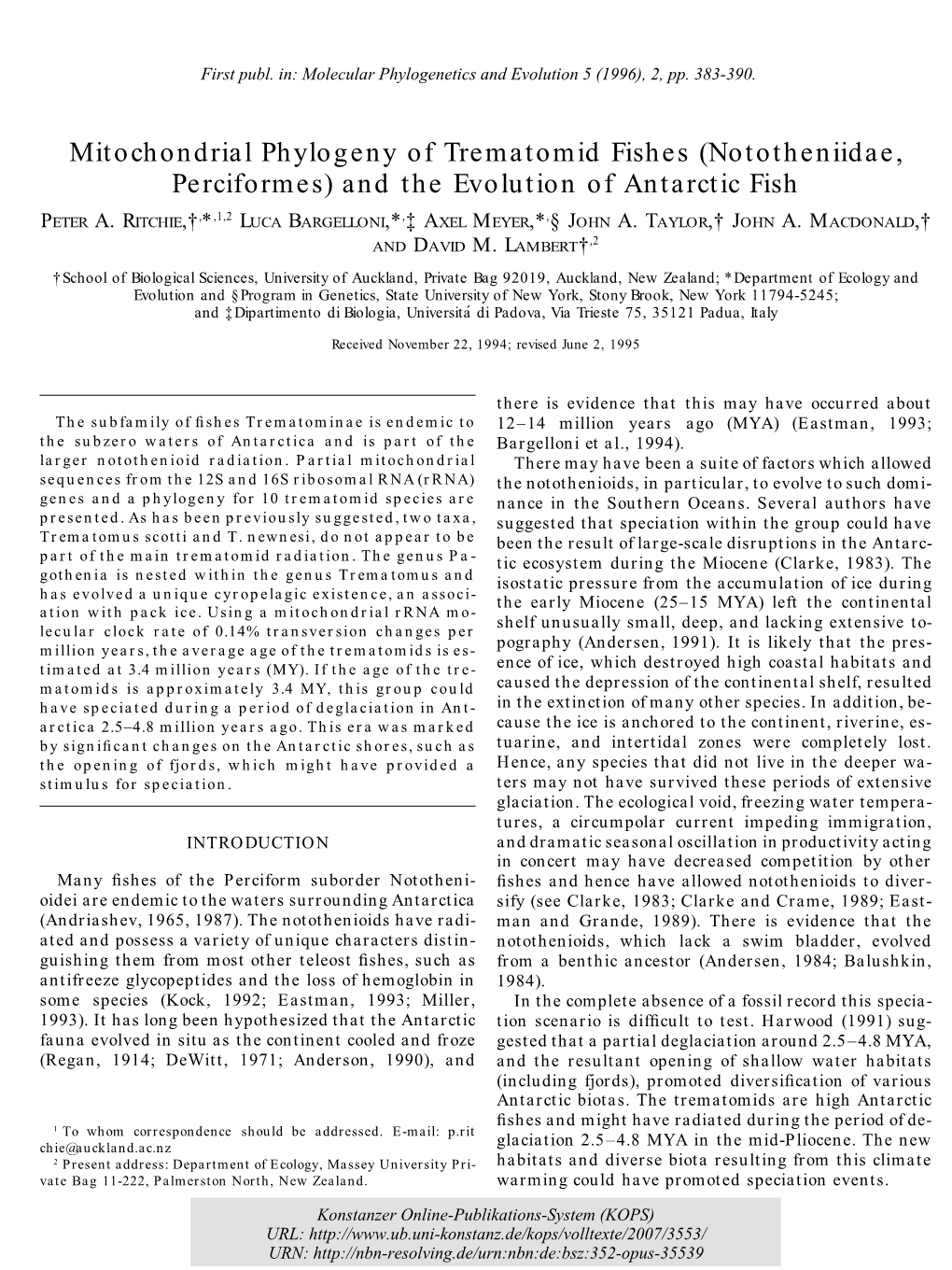 Mitochondrial Phylogeny of Trematomid Fishes (Nototheniidae, Perciformes) and the Evolution of Antarctic Fish